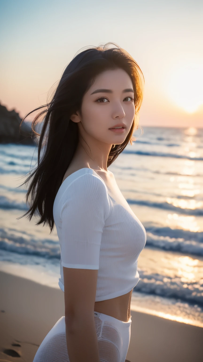 (logo、masterpiece、8k、Tabletop、RAW Photos、wonderful、最high quality、Photorealistic and Very detailed CG integrated 8k wallpaper、high quality、Very detailed、Narrative poem、Particle Effects、Dynamic Effects、Written boundary depth、Cinematic Light、Lens flare、Ray Tracing)、Fantasy、 (One beautiful woman、White pants、White T-shirt、White tube top、White crop top、Black-haired、Beautiful Face、True Face、Beautiful details、eye、Beautiful Skin、Ultimate Body、glamorous)、私の髪はWindに舞う、Hair flutters in Wind、Hair bounces、Seaside、wonderful景色、Coastal、sunrise、Sun in the background、Wind、Beach