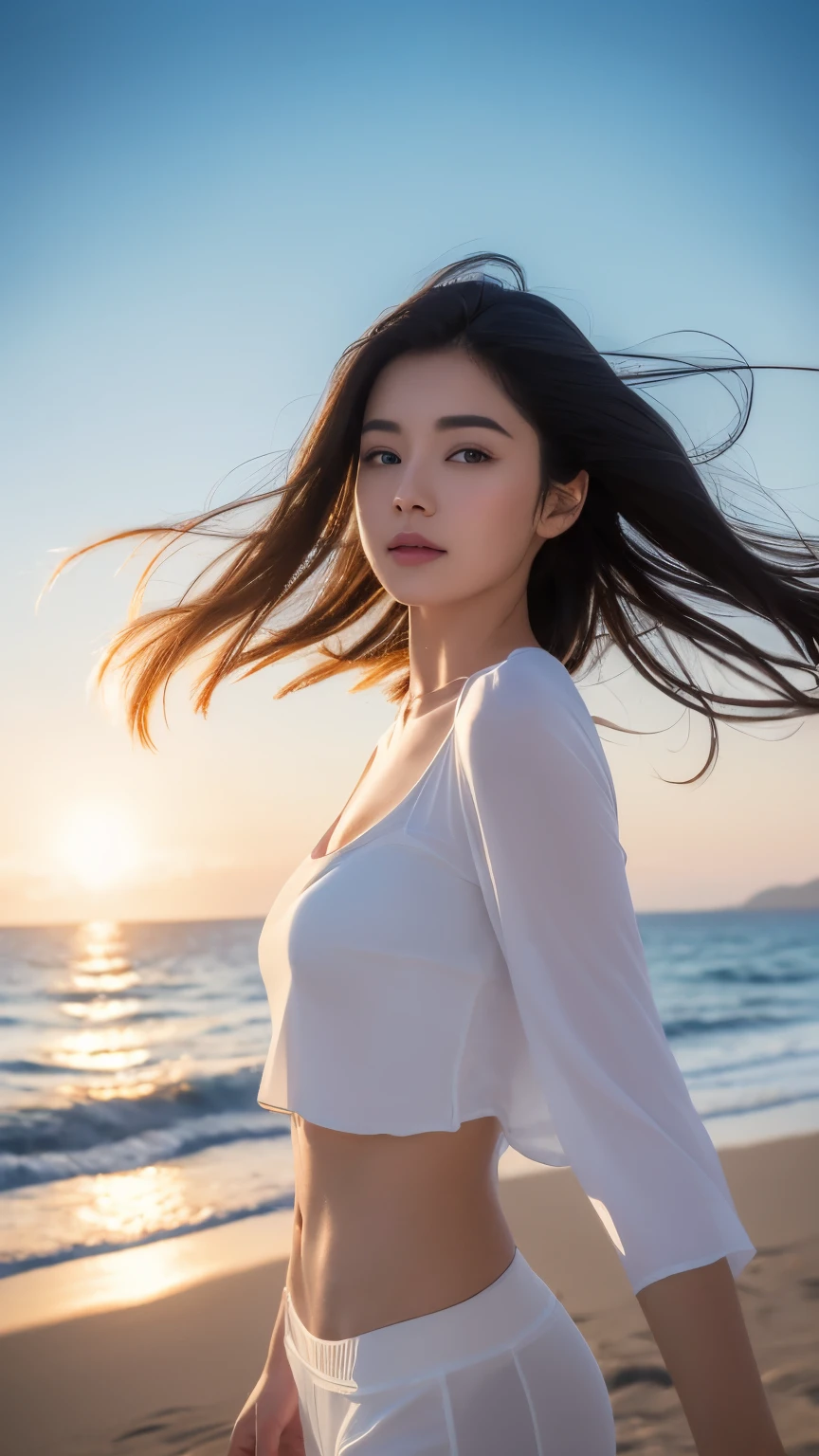 (logo、masterpiece、8k、Tabletop、RAW Photos、wonderful、最high quality、Photorealistic and Very detailed CG integrated 8k wallpaper、high quality、Very detailed、Narrative poem、Particle Effects、Dynamic Effects、Written boundary depth、Cinematic Light、Lens flare、Ray Tracing)、Fantasy、 (One beautiful woman、White pants、White T-shirt、White tube top、White crop top、Black-haired、Beautiful Face、True Face、Beautiful details、eye、Beautiful Skin、Ultimate Body、glamorous)、私の髪はWindに舞う、Hair flutters in Wind、Hair bounces、Seaside、wonderful景色、Coastal、sunrise、Sun in the background、Wind、Beach