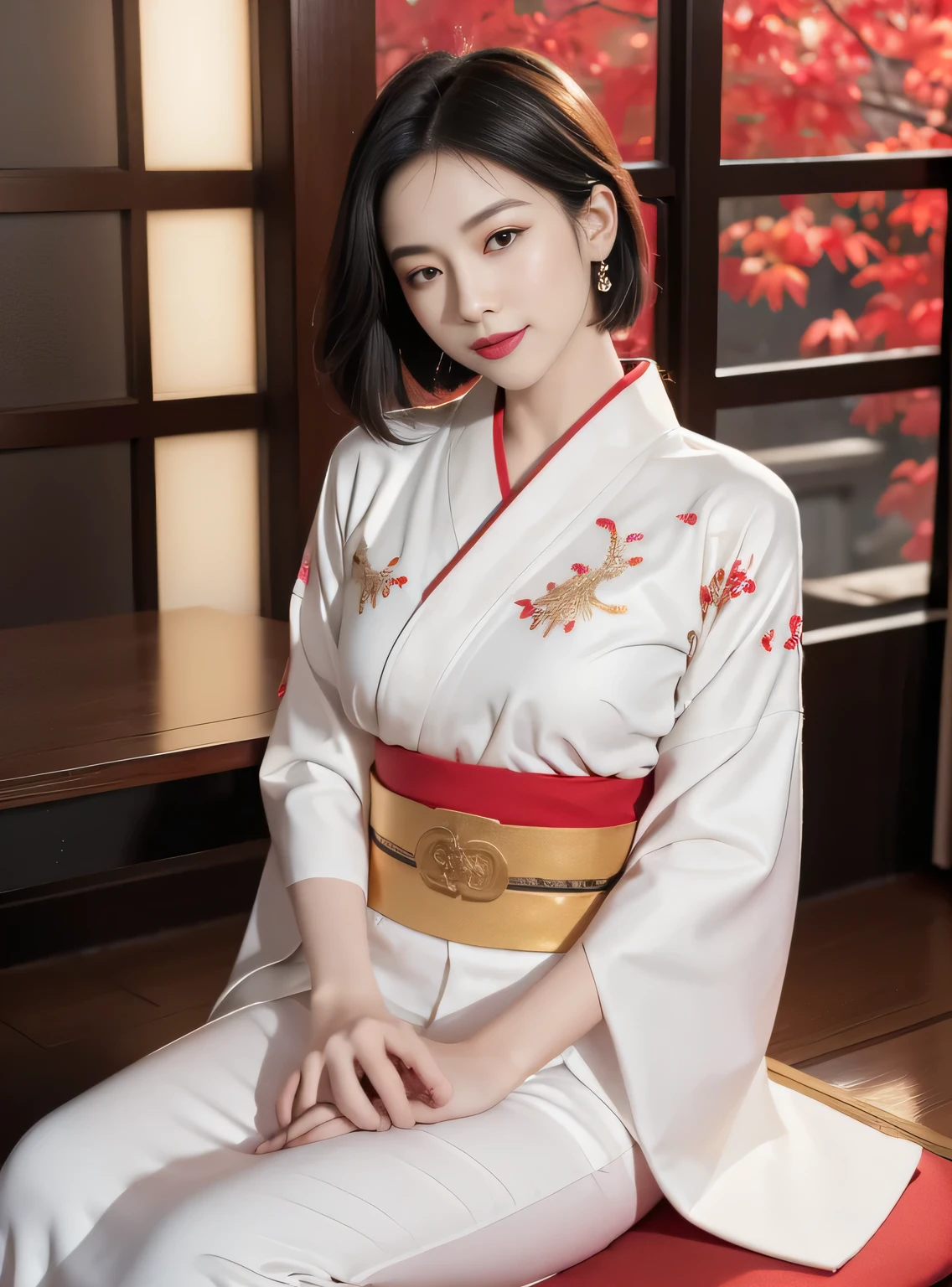 SFW, girl, Black Hair, Wavy short hair, Bright red lips, Shiny lips, Glowing skin, Shining eyes, Shut up, (Half closed eyes), seductive smile, (Stylish and charming white kimono with gold embroidery:1.2), Semen, (Traditional round table), Place the tray on your lap, (Traditional soup on the table, green tea, Steam from traditional yunomi), hanging scroll, Commercial, (Traditional and formal Japanese house), (The bustling city skyscrapers sparkle outside the window:1.3), (Close-up face:1.2), Dynamic Angle, from the side, Depth of Field, (monochrome:1.4), (Flat Color:1.3), (Only red and gold are emphasized:1.3), Correct body structure, 8k, original photo, (Highly detailed skin:1.2), 8K Ultra HD, DSLR camera, soft light, high quality, Film Grain, Fuji XT3, RAW Video, 16 mm, Color Grading Portra 400 Film, Extraordinary colors, Surreal, textured skin, Excellent details student, Realistic dull skin noises, visible skin detail, Skin villi, Dry skin, Shot with a movie camera, ((full-body shot)), Delicate skin texture, (blush:0.5), Subsurface scattering, wear,((Thin waist)), young asian girl, ((Large target )),