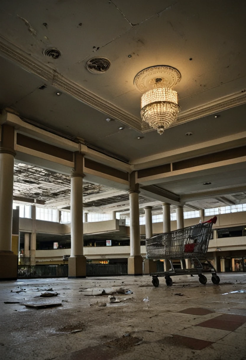 An abandoned mall's eerie interior, its once-bustling atrium now a shadow of its former self. The dimly lit hallways and the forlorn flickering of a few remaining light bulbs cast an eerie glow on the dust-covered floors and abandoned shopping carts. The atrium stands tall, its once-glittering chandeliers now dangling forlornly from the ceiling, their glass panes long shattered. A thick layer of grime covers the walls, hiding any trace of the cheerful paint colors and advertisements that once decorated them. The air is thick with a sense of foreboding, as if the very essence of the mall's former glory has been sucked out, leaving behind only a cold, empty shell. In the distance, the faint sound of creaking floorboards and rustling papers adds to the creepy atmosphere. The image perfectly captures the sense of horror and desolation that pervades the abandoned mall, inviting viewers to explore its dark secrets and unsettling mysteries., b-horror film screencap, muted color grading, wide-angle shot, long exposure, cool-toned sterile colors