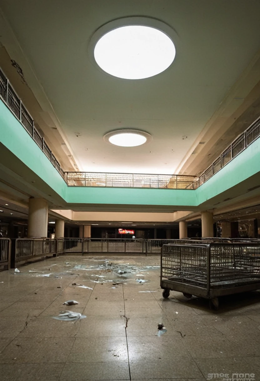 An abandoned mall's eerie interior, its once-bustling atrium now a shadow of its former self. The dimly lit hallways and the forlorn flickering of a few remaining light bulbs cast an eerie glow on the dust-covered floors and abandoned shopping carts. The atrium stands tall, its once-glittering chandeliers now dangling forlornly from the ceiling, their glass panes long shattered. A thick layer of grime covers the walls, hiding any trace of the cheerful paint colors and advertisements that once decorated them. The air is thick with a sense of foreboding, as if the very essence of the mall's former glory has been sucked out, leaving behind only a cold, empty shell. In the distance, the faint sound of creaking floorboards and rustling papers adds to the creepy atmosphere. The image perfectly captures the sense of horror and desolation that pervades the abandoned mall, inviting viewers to explore its dark secrets and unsettling mysteries., b-horror film screencap, muted color grading, wide-angle shot, long exposure, cool-toned sterile colors