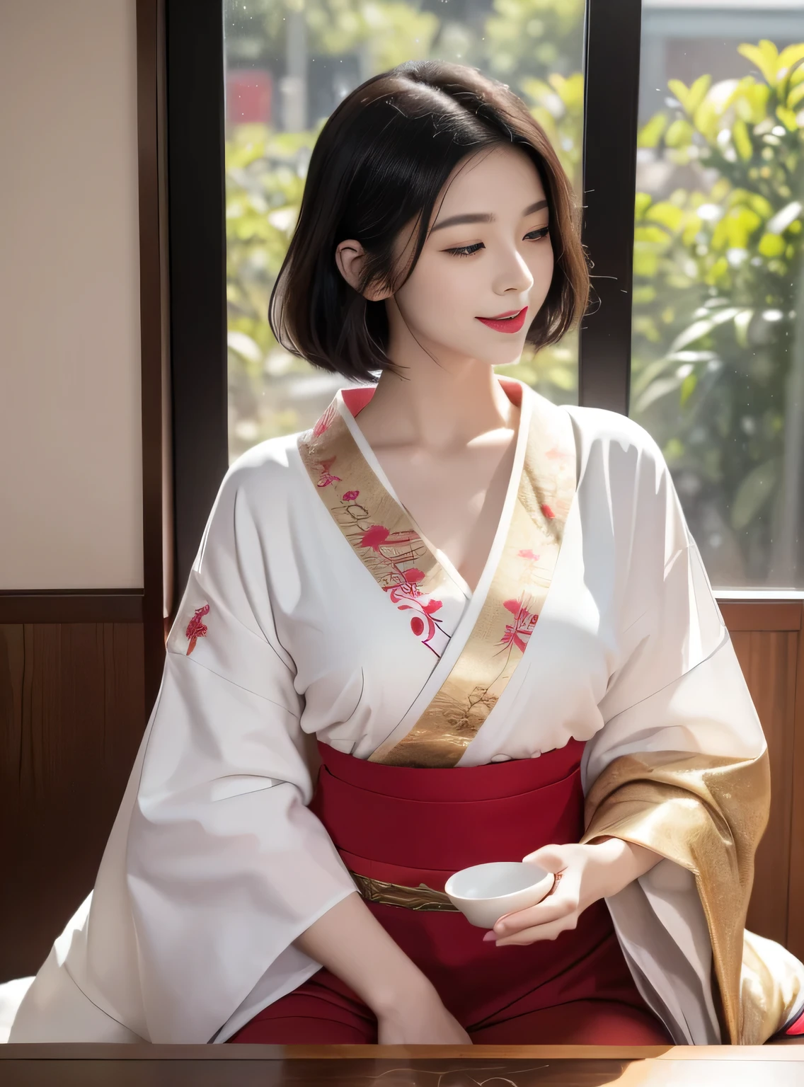 SFW, girl, Black Hair, Wavy short hair, Bright red lips, Shiny lips, Glowing skin, Shining eyes, Shut up, (Half closed eyes), seductive smile, (Stylish and charming white kimono with gold embroidery:1.2), Semen, (Traditional round table), Place the tray on your lap, (Traditional soup on the table, green tea, Steam from traditional yunomi), hanging scroll, Commercial, (Traditional and formal Japanese house), (The bustling city skyscrapers sparkle outside the window:1.3), (Close-up face:1.2), Dynamic Angle, from the side, Depth of Field, (monochrome:1.4), (Flat Color:1.3), (Only red and gold are emphasized:1.3), Correct body structure, 8k, original photo, (Highly detailed skin:1.2), 8K Ultra HD, DSLR camera, soft light, high quality, Film Grain, Fuji XT3, RAW Video, 16 mm, Color Grading Portra 400 Film, Extraordinary colors, Surreal, textured skin, Excellent details student, Realistic dull skin noises, visible skin detail, Skin villi, Dry skin, Shot with a movie camera, ((full-body shot)), Delicate skin texture, (blush:0.5), Subsurface scattering, wear,((Thin waist)), young asian girl, ((Large target )),