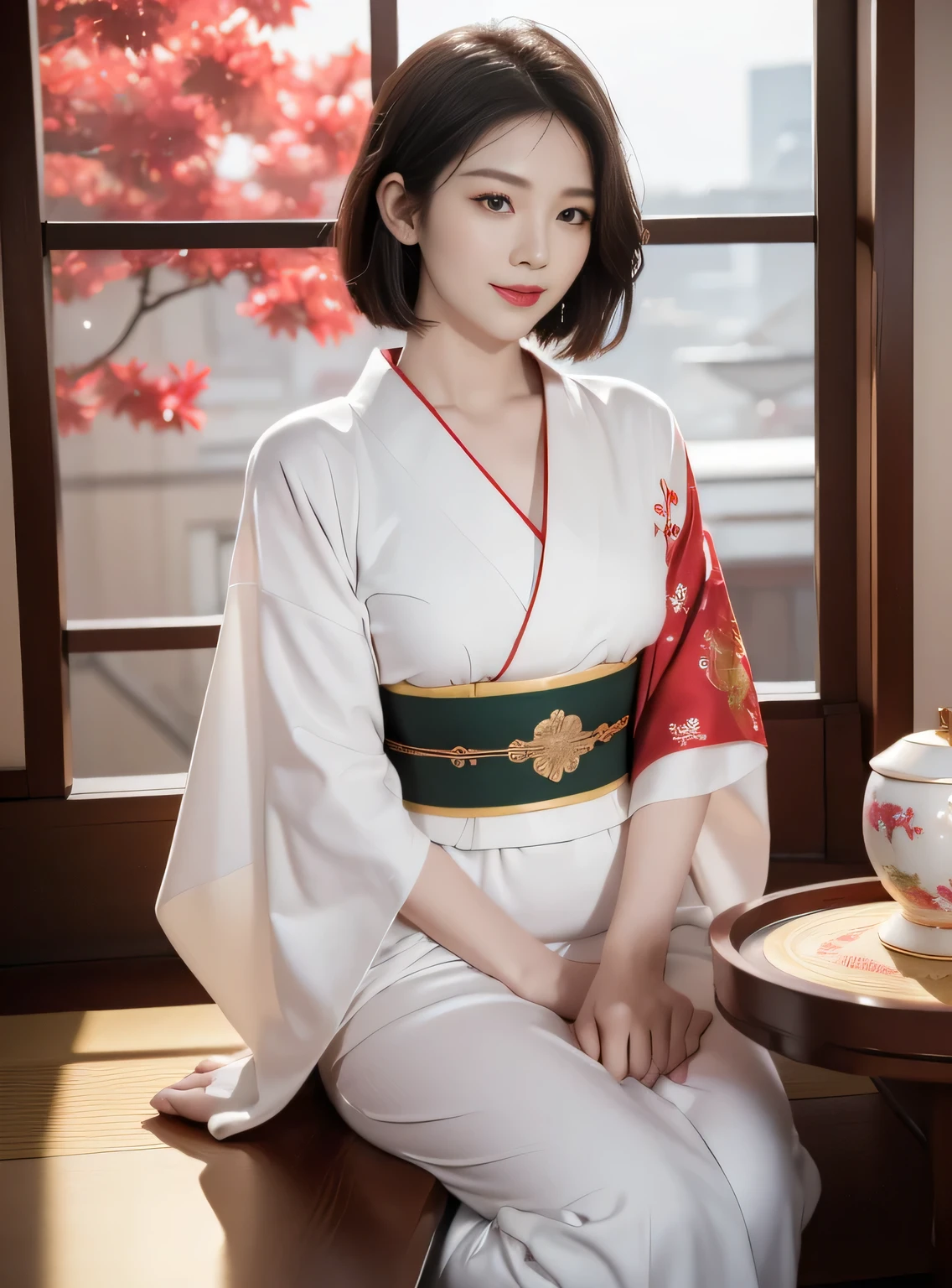 SFW, girl, Black Hair, Wavy short hair, Bright red lips, Shiny lips, Glowing skin, Shining eyes, Shut up, (Half closed eyes), seductive smile, (Stylish and charming white kimono with gold embroidery:1.2), Semen, (Traditional round table), Place the tray on your lap, (Traditional soup on the table, green tea, Steam from traditional yunomi), hanging scroll, Commercial, (Traditional and formal Japanese house), (The bustling city skyscrapers sparkle outside the window:1.3), (Close-up face:1.2), Dynamic Angle, from the side, Depth of Field, (monochrome:1.4), (Flat Color:1.3), (Only red and gold are emphasized:1.3), Correct body structure, 8k, original photo, (Highly detailed skin:1.2), 8K Ultra HD, DSLR camera, soft light, high quality, Film Grain, Fuji XT3, RAW Video, 16 mm, Color Grading Portra 400 Film, Extraordinary colors, Surreal, textured skin, Excellent details student, Realistic dull skin noises, visible skin detail, Skin villi, Dry skin, Shot with a movie camera, ((full-body shot)), Delicate skin texture, (blush:0.5), Subsurface scattering, wear,((Thin waist)), young asian girl, ((Large target )),