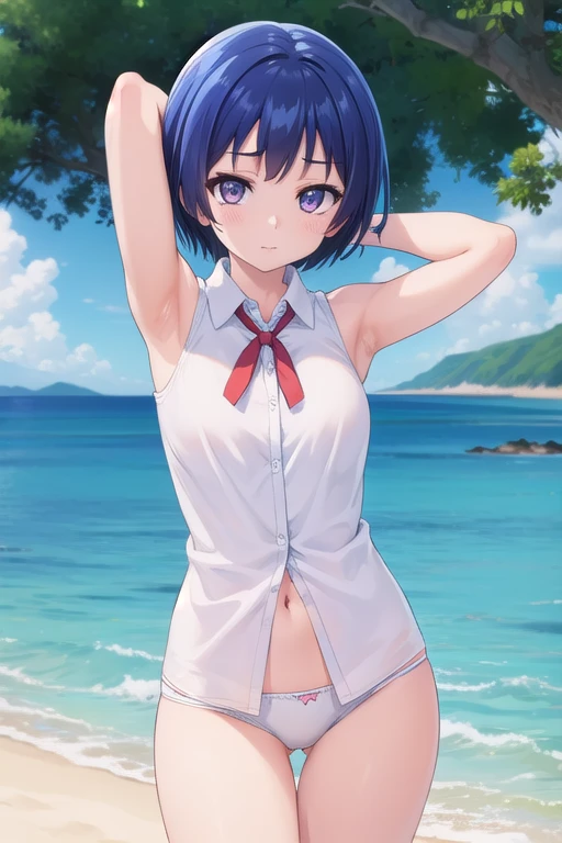 ainayoshizawa, aina yoshizawa, short hair, blue hair, (purple eyes:1.1),
BREAK skirt, sleeveless, socks, shirt, white shirt, collared shirt, ribbon, neck ribbon,
BREAK outdoors, beach, arm behind head, armpits, sweaty armpits,white panties, she is hot and sweaty, navel
BREAK looking at viewer, (cowboy shot:1.5),
BREAK (masterpiece:1.2), best quality, high resolution, unity 8k wallpaper, (illustration:0.8), (beautiful detailed eyes:1.6), extremely detailed face, perfect lighting, extremely detailed CG, (perfect hands, perfect anatomy),