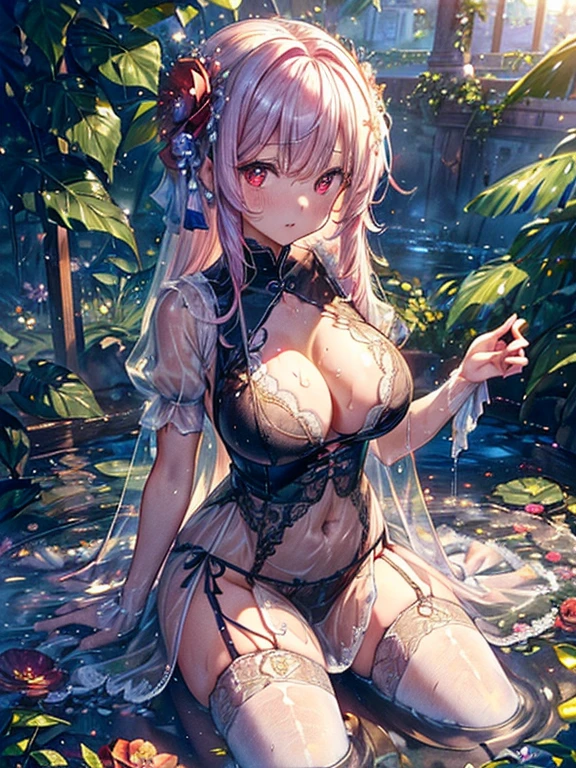 ((Top quality)),(Ultra-high resolution),(Super detailed),(Detailed depiction),((The most picturesque work of art),Ultra-detailed art,The art of astonishing depiction,Fantasy art:1.5, ((綺麗なおflower々:1.8)), (flowerに侵食された体:1.3),(Glamorous body:1.3),Fancy background effectasterpiece、Fancy details、(NSFW 1.1), ((1 female)), ((Mastepiece)), ((Extremely detailed:1.3)), Beautiful woman entering a lake in crystal clear water, ((Long pink hair)), Wet hair, Wearing a thin transparent dress, Bathing fully clothed, steam, (水に浮かぶバラのflowerびら:1.5), Early morning light, Ivory Gold AI, Windows, Crepuscular Lighting, See-through lace underwear、(Very huge boobs)、Pink nipples、Pink areola,透けて見えるPink nipples、透けて見えるPink areola、See-through lace and string panties、Sexy see-through lingerie with lace and strings,See-through sexy lingerie,Transparent sexy lingerie、Translucent dress、Pearl Jewelry、sexy harness、sexy garter belt、Sexy Stockings、Well-organized,Intimate, rose garden、Colorful Roses、Lake with floating roses、Lie down、With legs apart、Spread your legs、Thighs open、Immersed in water、Wet body、ゴージャスなflowerの装飾、大きなflowerいっぱい、Stylish hair、Solo, Water Play, flowerいっぱいの髪飾り, flower々, Outdoors, Sky Porn,A see-through dress when wet, Sky Porn, Glows when wet、(Mastepiece),(Highly Detailed CG Unity 8K Wallpaper),Best Quality,Cinematic Lighting,Detailed background,Beautiful detailed eyes,Bright pupils, (Very delicate and beautiful),(Beautifully detailed eyes),((Mastepiece)),((Red Eyes))、flower園