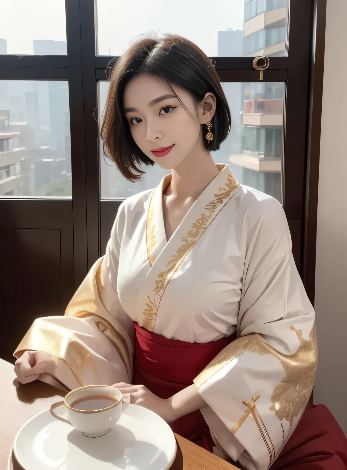 SFW, girl, Black Hair, Wavy short hair, Bright red lips, Shiny lips, Glowing skin, Shining eyes, Shut up, (Half closed eyes), seductive smile, (Stylish and charming white kimono with gold embroidery:1.2), Semen, (Traditional round table), Place the tray on your lap, (Traditional soup on the table, green tea, Steam from traditional yunomi), hanging scroll, Commercial, (Traditional and formal Japanese house), (The bustling city skyscrapers sparkle outside the window:1.3), (Close-up face:1.2), Dynamic Angle, from the side, Depth of Field, (monochrome:1.4), (Flat Color:1.3), (Only red and gold are emphasized:1.3), Correct body structure, 8k, original photo, (Highly detailed skin:1.2), 8K Ultra HD, DSLR camera, soft light, high quality, Film Grain, Fuji XT3, RAW Video, 16 mm, Color Grading Portra 400 Film, Extraordinary colors, Surreal, textured skin, Excellent details student, Realistic dull skin noises, visible skin detail, Skin villi, Dry skin, Shot with a movie camera, ((full-body shot)), Delicate skin texture, (blush:0.5), Subsurface scattering, wear,((Thin waist)), young asian girl, ((Large target )),