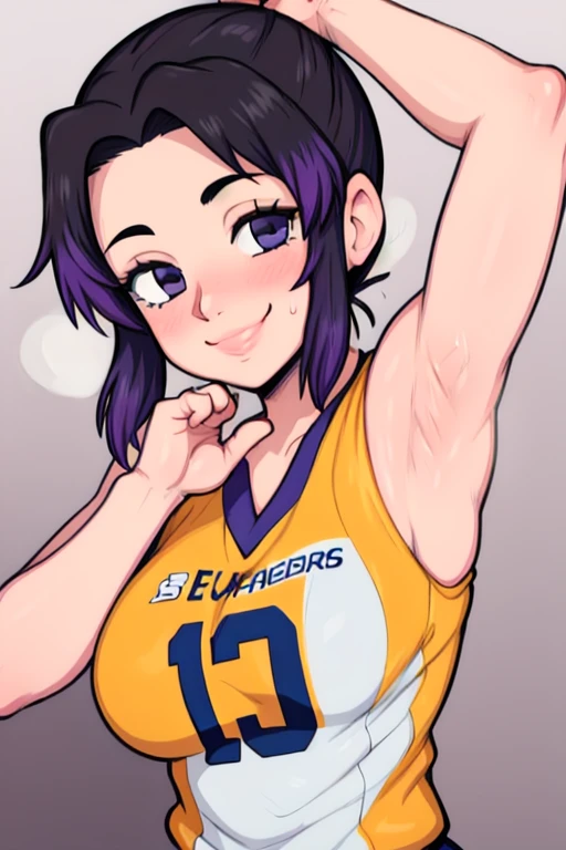 masterpiece, best quality, shinobu kouchou, looking at viewer, large breasts, upper body, portrait, seductive smile,both hands raised, armpits, armpits visible, sweaty armpits, wearing volleyball uniform, 