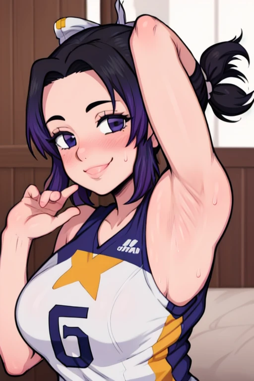 masterpiece, best quality, dimaria, looking at viewer, yellow short hair, large breasts, upper body, portrait, looking at viewer, seductive smile,both hands raised, armpits, armpits visible, sweaty armpits, wearing yellow volleyball uniform