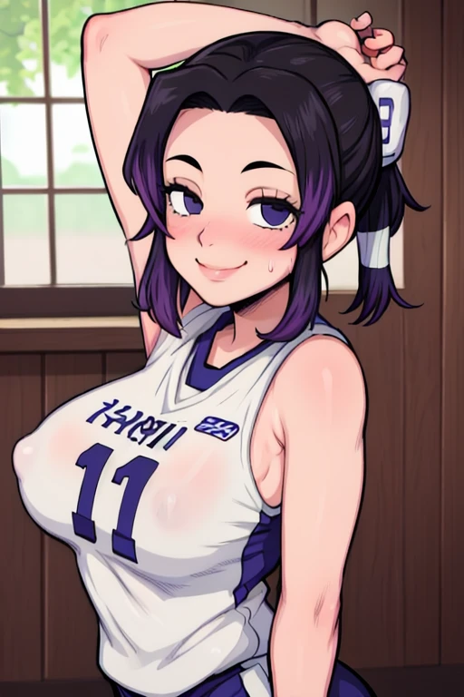 masterpiece, best quality, shinobu kouchou, looking at viewer, , upper body, portrait,  smile,both hands raised, armpits, armpits visible, sweaty armpits, wearing volleyball uniform, 