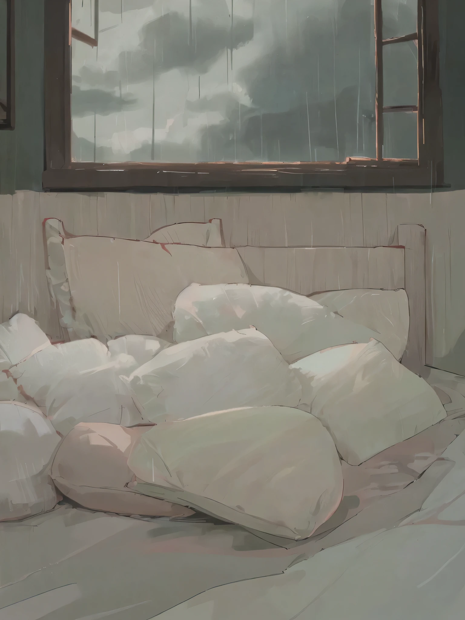 (best quality,4k,8k,highres,masterpiece:1.2),ultra-detailedcomfortable bed, closed window, cloudy rainy weather, soft pillows, fluffy comforter, cozy atmosphere, natural daylight, gentle raindrops, serene ambiance, muted color palette, peaceful tranquility, rainy day vibes