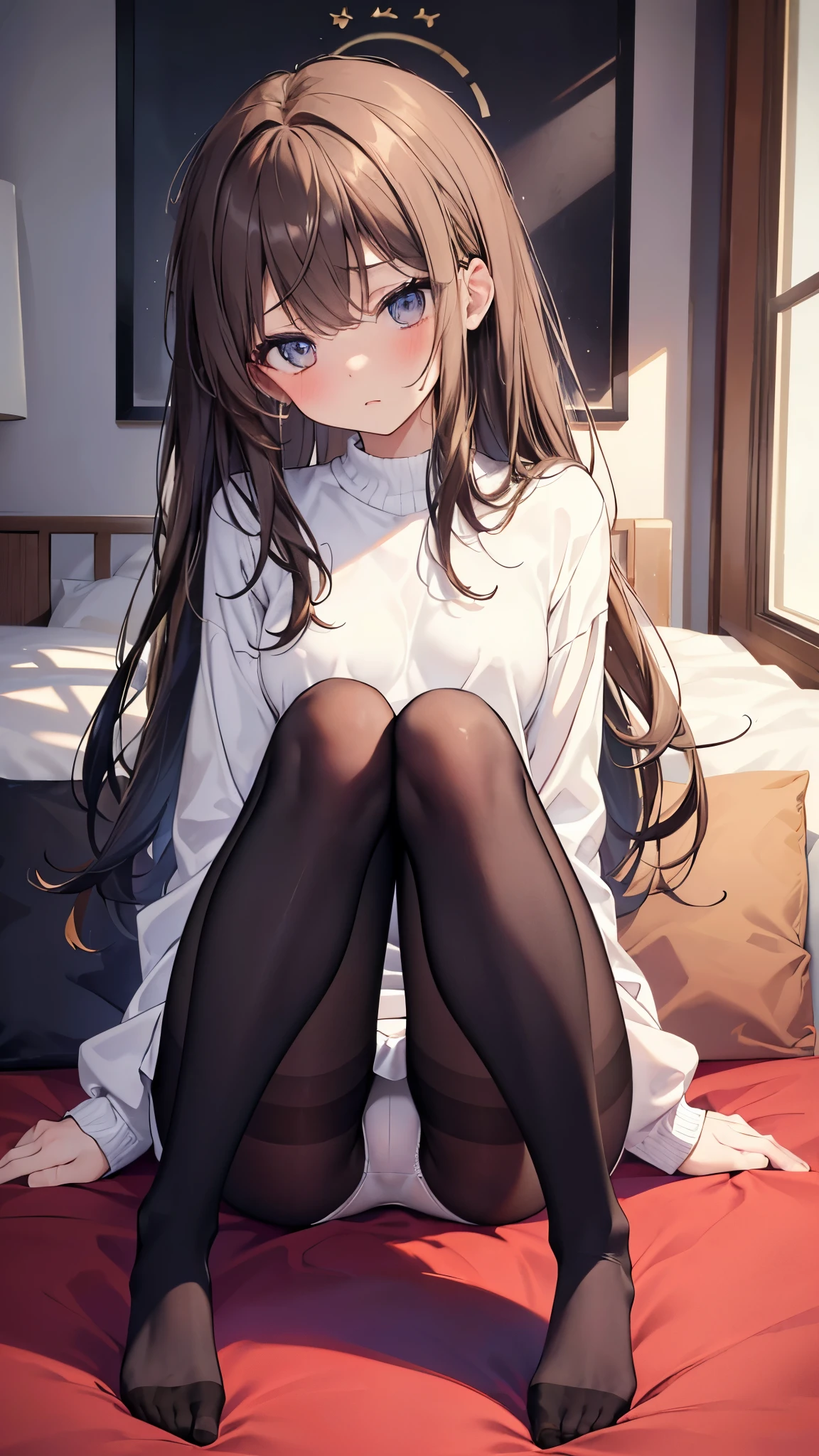 highest quality, masterpiece, High resolution, (Head to toe full body view), Front view from slightly below, Symmetrical Configuration, Precisely balanced composition across the body、18-year-old, Slim and beautiful girl, alone, (Small breasts), (No shoes), Long brown hair, bangs, (Black Pantyhose), (Sit on the floor with your legs open), (Spread-legged pose on bed), (Her legs were spread、White panties are visible.), (Open your mouth with a pained expression), blush, Shy big eyes, Looking at the camera, High school girl's blazer uniform, Checkered Pleated Skirt