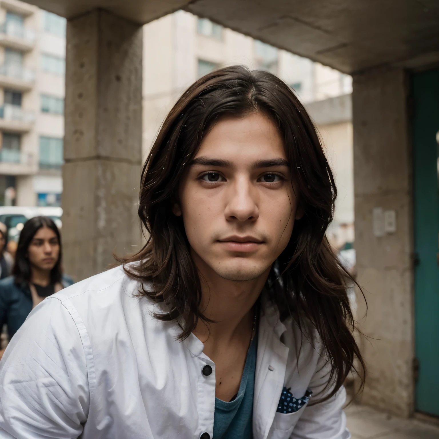 Panel 2:
Lucas, un joven con cabello desordenado y cicatrices en el rostro, se encuentra en medio de la multitud. His expression shows distrust and a little tiredness.. En el fondo, se ven androides patrullando las calles, with his bright and cold eyes.