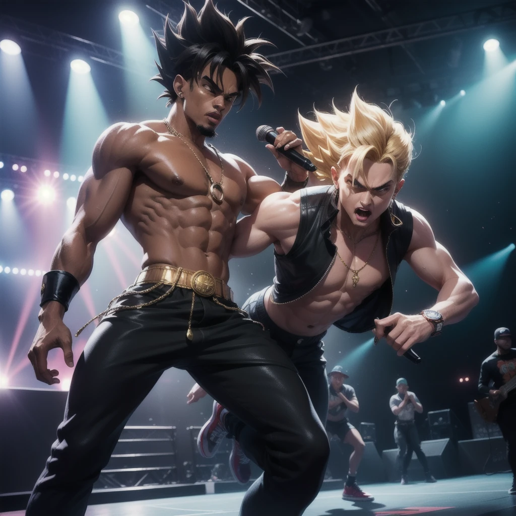Create Realistic 3D illustration Broly from Dragon Ball stepping onto the stage as a dangerous battle rap superstar, his hair braided or low cut faded, their outfit adorned with diamond encrusted "DBS" medallion and blood diamonds and gold rolex watches, With a confident smirk, he hold his microphone high, ready to unleash an electrifying rap performance. The stage lights illuminate the scene, casting dramatic shadows on the rappers as the crowd roars in anticipation. This dynamic portrayal captures the essence of Battle Rap rebellion, merging it seamlessly with the iconic character from the Dragon Ball universe