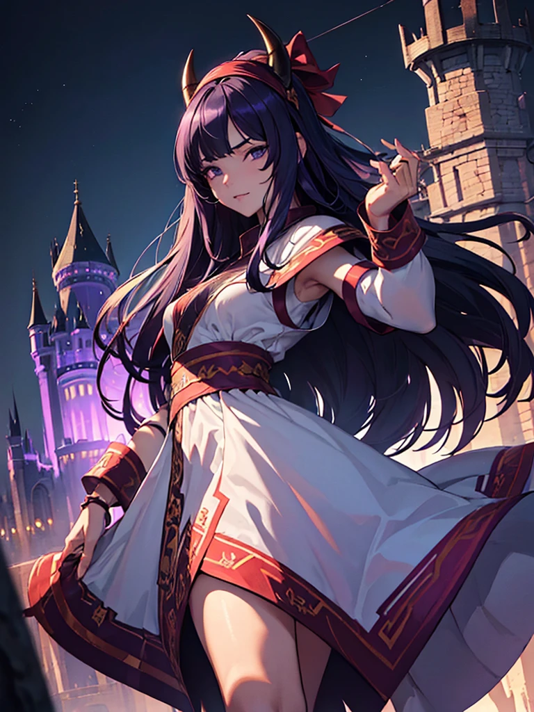 (best quality, ultra-detailed)、((The Villain's Dress、Devil's Castle、The Lonely King))、full body、purple hair band、purple ribbon、black hair、nsfw、Tattoos、background、from front、Taken from afar