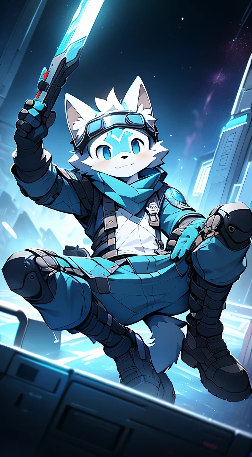 Game CG of a Young Boy, evoking childhood feelings, featuring an Anime male protagonist with Wolf ears and a fluffy Tail, a Handsome face, adorned with Tactical Communications Goggles sporting Silvery-white dye and Sky blue dye. In his high-tech All-in-one mech set, Mechanical gloves and Mechanical combat boots protect his figure. This Full body portrait showcases him Spreading his legs in a triumphant pose after a decisive defeat. The damaged mech, a testament to the hard-fought battle, lies behind him. In the depths of the Cosmic Future Factory, the atmosphere is filled with anticipation and excitement