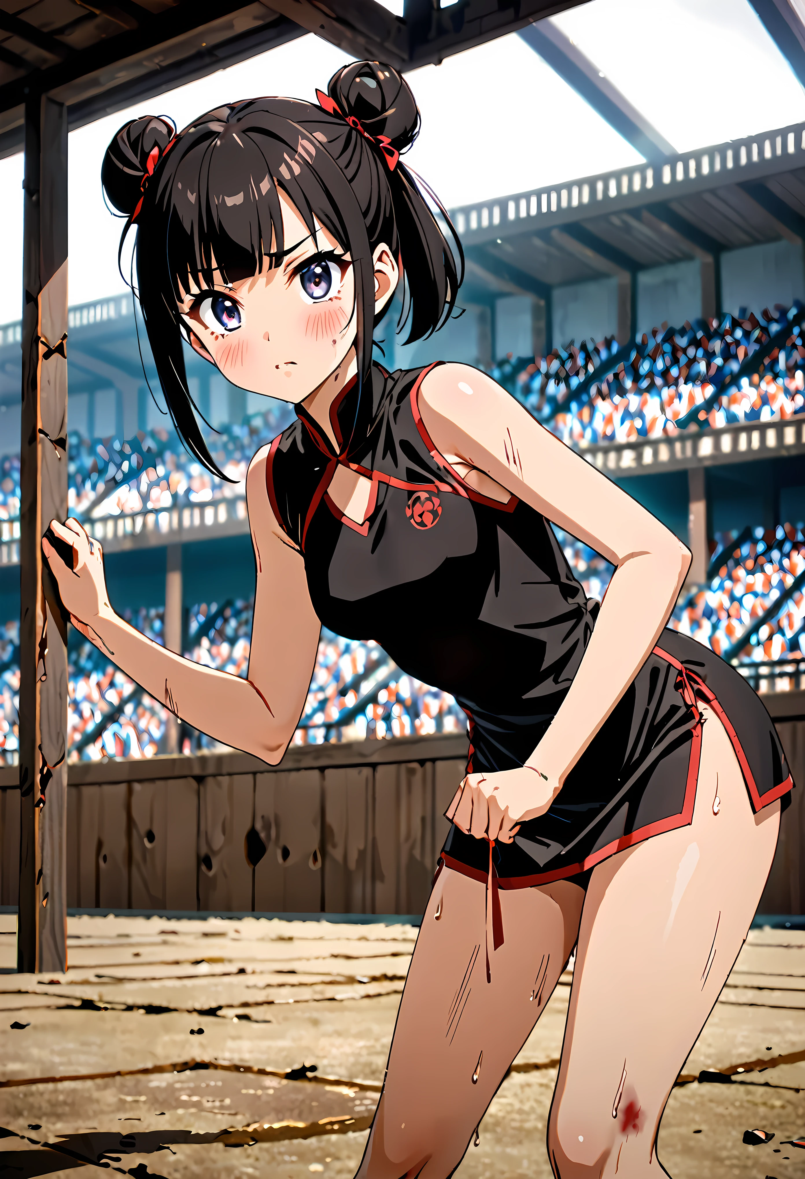 (Ryona Scene:1.5), in perspective,((high quality anime, 8k,masterpiece,Perfect Anatomy)),((spanking:1.5)),cowboy shot,1 female,(beautiful detailed face and eyes,gorgeous eye:1.3,black eyes),master of success、The perfect 20 years old,Black Hair、Straight hair,blunt bangs,twin bun,up hair,hair flaps,Pain、tears,small breasts,small face:1.5,slender body,skinny,sweat:1.3,((red bruise from being beaten:1.5),Black mini cheongsam、Sleeveless、Thigh、Lots of exposure、slit、Black fingerless gloves for martial arts、(Injury、)、An empty arena、Outdoor、