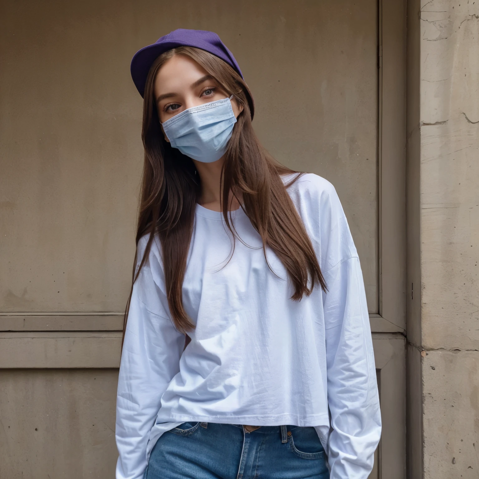 My long Straight hair is the color of my hair is Violet and my eyes is green i always Wear Simple Oversized t-shirt, a cap for my head and facemask, i wear Jeans and sneakers.