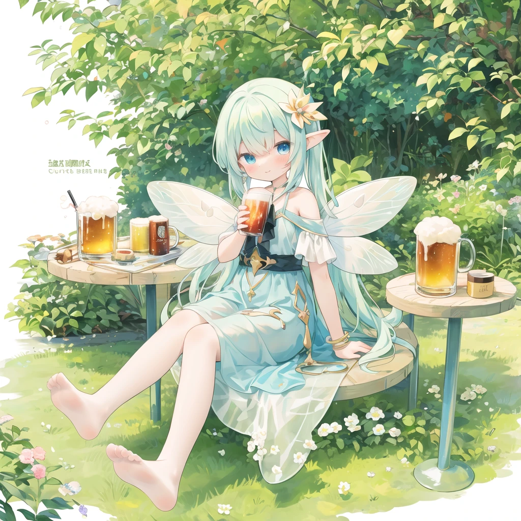 anime fairy sitting in a cup of beer, anime girl drinks energy drink, is ((drinking a cup of tea)), pastel watercolor anime、Smiling sitting in a big beer mug、whole body、barefoot、The fairy girl is in a beer mug,dress,pixiv, by Yuumei, at pixiv, faerie, cute anime, pixiv contest winner, beautiful fairy, cute anime girl, smiling as a queen of fairies, drinking tea, water fairy, drinking beer, with a drink