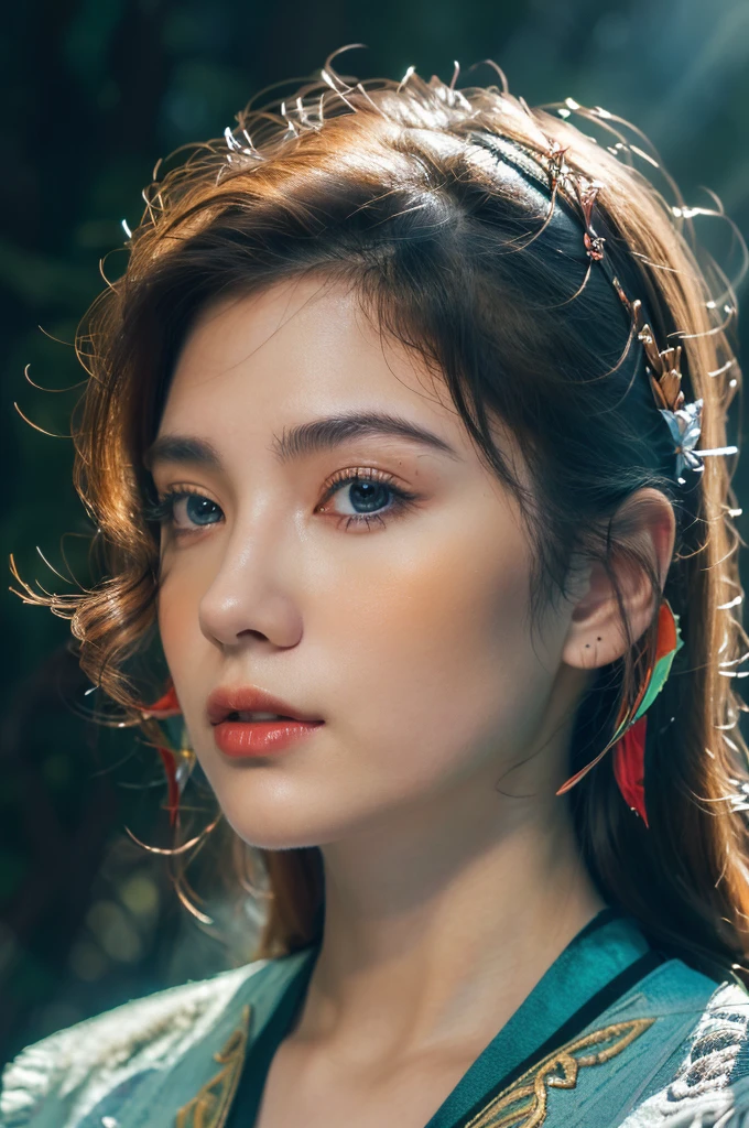 ( masterpiece, top quality, best quality,8k,17 years old girl,ultra detailed,raw photo:1.5),(photorealistic:1.4), (cinematic lighting), PerfectNwsjMajic, , Surrealism, UHD, ccurate, Super detail, textured skin, High detail, Best quality, dynamic angle, White skin,[Beautiful blue eyes], high nose,[flat chest:large breasts:0.5],(1girl),((good anatomy:0.5)),(covered in flowers:1.4), night sky, interested in, fire and ice, (The image is divided into two，Available in a variety of colors:2), eyes blues, sapphire, liquid metal, night sky, (Look at an angle:1.3), (fire and ice), ((Lower chrome)), (hairpin:1.4), (forest:1.3), (fog: 1.3),  Subtle colors and tones, mystical aura ,dreamy atmosphere,expressive brush strokes, mystical ambiance, Artistic interpretation, upper body, bangs