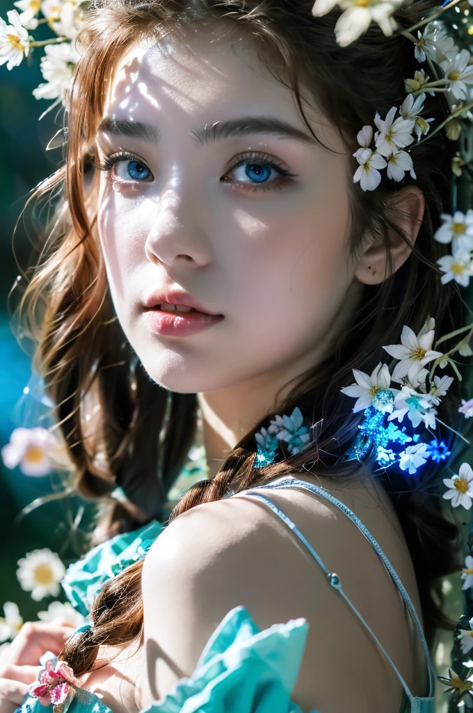 ( masterpiece, top quality, best quality,8k,17 years old girl,ultra detailed,raw photo:1.5),(photorealistic:1.4), (cinematic lighting), PerfectNwsjMajic, , Surrealism, UHD, ccurate, Super detail, textured skin, High detail, Best quality, dynamic angle, White skin,[Beautiful blue eyes], high nose,[flat chest:large breasts:0.5],(1girl),((good anatomy:0.5)),(covered in flowers:1.4), night sky, joint, interested in, fire and ice, (The image is divided into two，Available in a variety of colors:2), eyes blues, sapphire, liquid metal, night sky, (Look at an angle:1.3), (fire and ice), ((Lower chrome)), (hairpin:1.4), (forest:1.3), (fog: 1.3),  Subtle colors and tones, mystical aura ,dreamy atmosphere,expressive brush strokes, mystical ambiance, Artistic interpretation,Wonderland, blue glowing flowers tone, upper body, bangs
