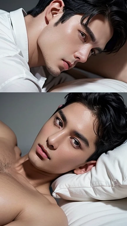 Black hair, short hair, 2 males, Delicate face、Mature Boy、white button up, grey eyes, masterpiece, best quality, 2 males, teasing each other, seductive looking at each other, romance, bare chest, black long hair, white short hair, hot, sexy, attractive, finely detailed eyes and detailed face, close up, dynamic angle, touching each other