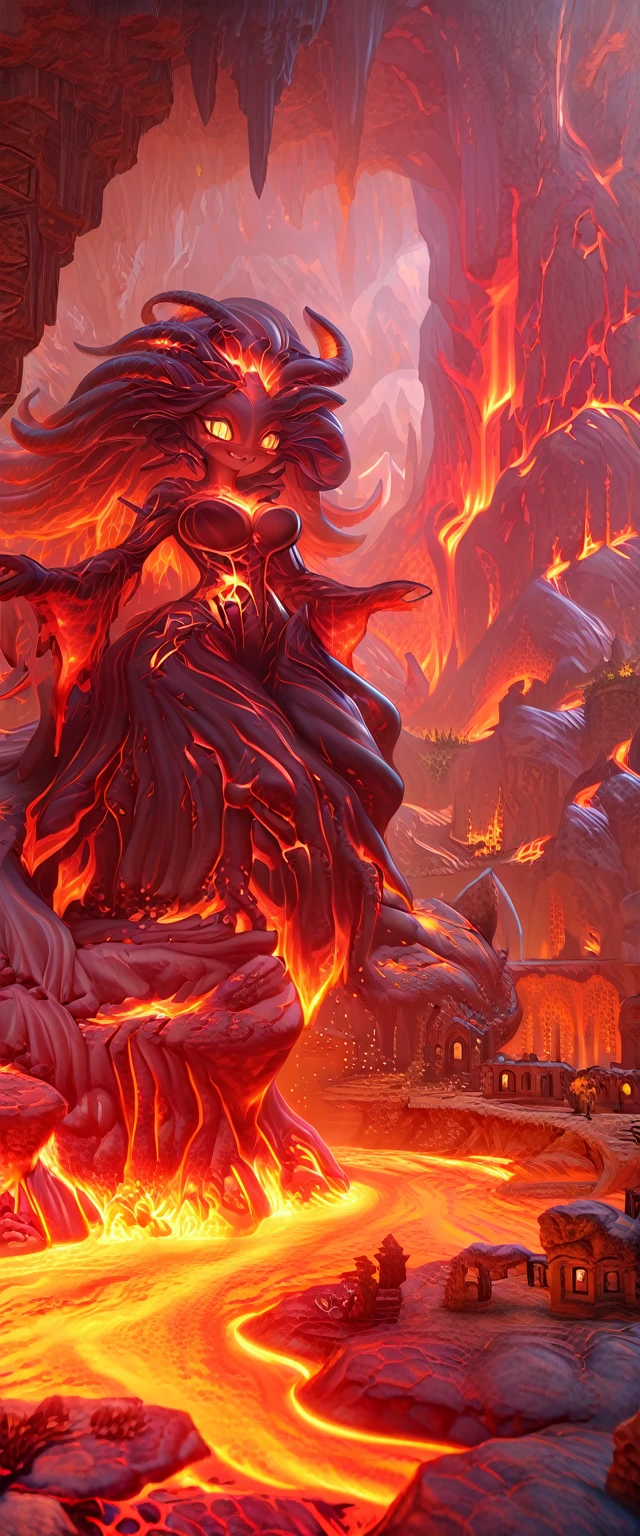 1woman\(evil,beautiful demon lady,age of 18,very huge,giant,long lava hair,lava skin,lava bunny suit,eye color lava,big eyes,eyes shining,big devil's smile,sharp teeth,open mouth,lava horn,dynamic pose,breast,full body,floating\),background\(dark,very huge underground lava cave,very shiny lava and lava lake everywhere,bedding plane,bulbous lava stalactite,pillar,chockstone,lava blister,lava coral,lava fall,lava rose,lava stalactite,lava tree,small houses\(Cappadocia\)\), BREAK ,quality\(8k,wallpaper of extremely detailed CG unit, ​masterpiece,hight resolution,top-quality,top-quality real texture skin,hyper realisitic,increase the resolution,RAW photos,best qualtiy,highly detailed,the wallpaper,cinematic lighting,ray trace,golden ratio,\),dynamic angle,[nsfw:2.0],full body