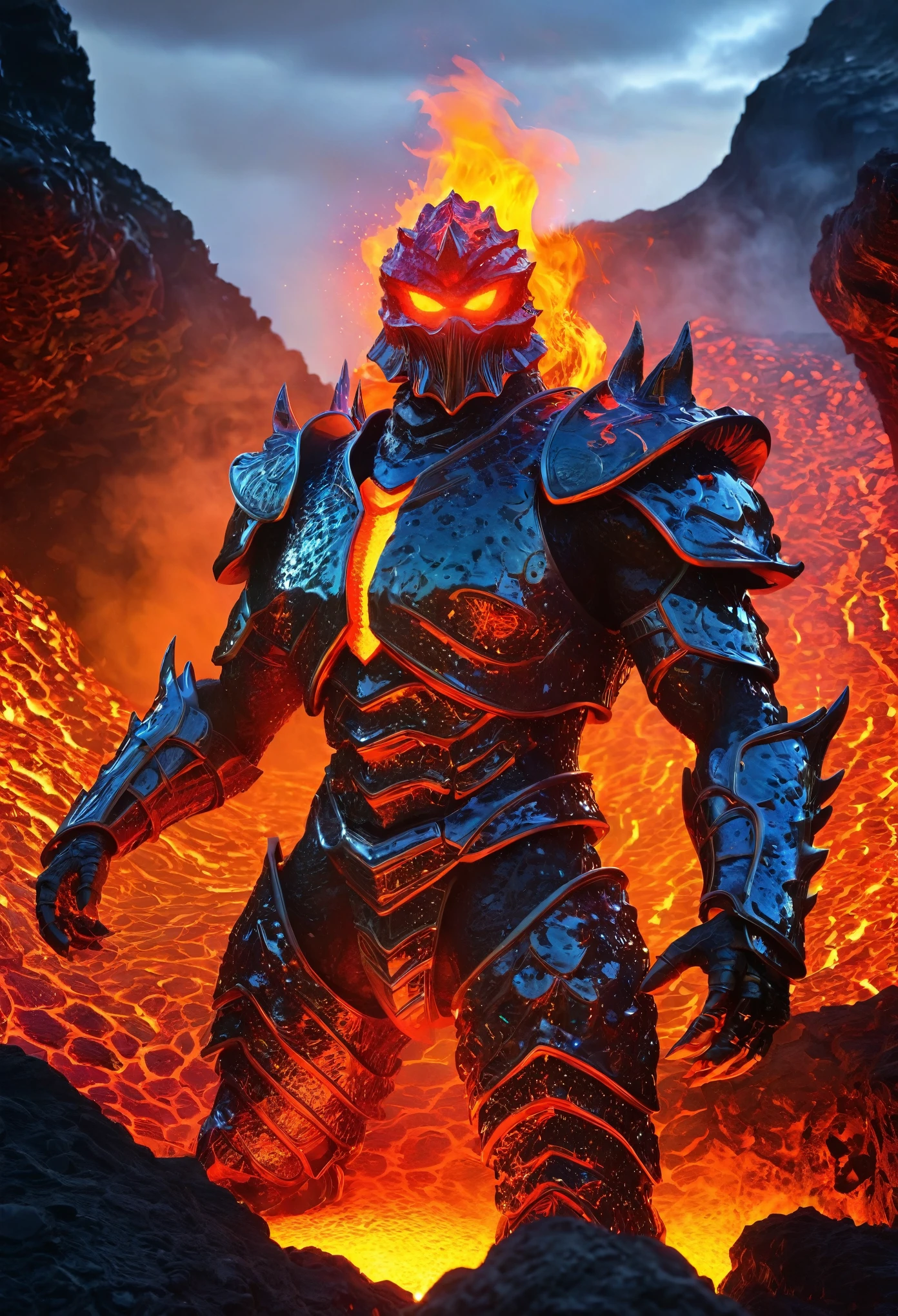 A lava demon guarding a vast underground treasure of gemstones, adorned with a lava mech, and shimmering with blingbling riches. (best quality, highres, extreme detail description), fiery glow, volcanic rocks, molten lava flows, intense heat, towering and menacing presence, sparkling gemstones, intricate lava armor, glistening treasure trove, molten metal, glowing ember eyes, erupting volcano in the background, intense red and orange color palette, dynamic lighting effects