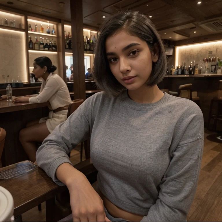 Best quality, in a bar, sitting at a table, multi-colored bomber, beautiful face, gray hair, bob hairstyle, smooth, neat nose, 2 beautiful indian girls, breast size 2, gray eyes, sweet lips, slender figure, perfect face.