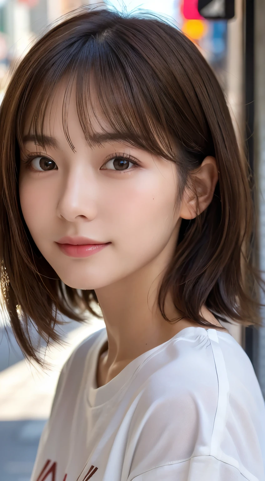 (highest quality,8K quality,masterpiece:1.3,),(超A high resolution:1.3,Photorealistic:1.4,Raw photo:1.2),(Ultra-detailed:1.2,Glowing Skin,Detailed skin:1.1),(Detailed face,Perfect Anatomy,Caustics:1.2), (Symmetrical eyes:1.3),1 girl,cute,Japanese,22 years old,Japanese Ido,Natural brown hair,Short hair curled outwards,cute目,Natural Makeup,Oversized T-shirt,Laughter,Looking at the camera,On the face,Face Focus,Street Corner,Professional Writing,Natural soft light,