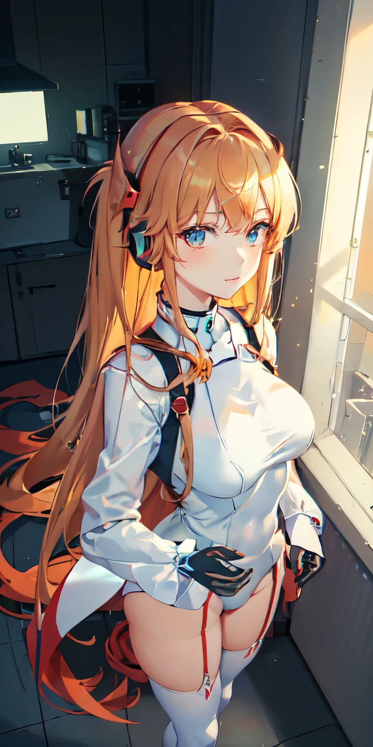 (Overhead view),dynamic angle,ultra-detailed, illustration, close-up, straight on, 1girl, 
 ((souryuu asuka langley, interface headset, red bodysuit:1.4, blonde)),Her eyes shone like dreamy stars,(glowing eyes:1.233),(beautiful and detailed eyes:1.1),(expressionless,closed mouth),(standing), 
(mechanic room with toolsand spaceship windowin a white SPACESHIP),
(night:1.2),dreamy, [[delicate fingers and hands:0.55]::0.85],(detail fingers),