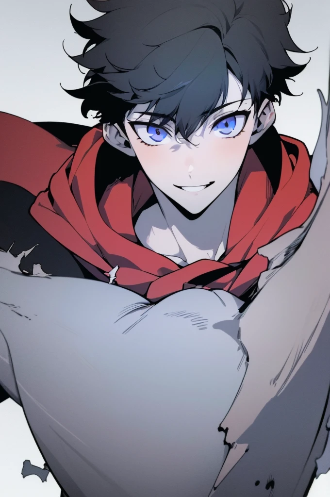 ((Masterpiece, Best Quality, 2d, anime)), (1 boy, Solo: 2), itadori, itadori_yuuji, black hair, red hoodie, open hoodie, hoodie off, blue eyes, Illustration, ragemode, wild hair, destruction, upper body, portrait, white background, flat colors, cell shading, smiling,