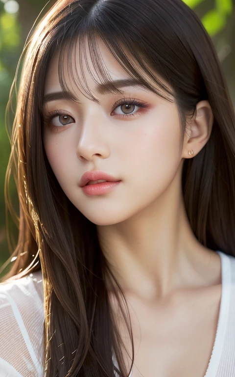 (最high quality:1.4), 32k resolution, (Realistic:1.5), (超Realistic:1.5), High resolutionUHD, (masterpiece:1.2)), (Improvement of quality:1.4), (Very beautiful facial details), (最high qualityのリアルな質感の肌:1.4), Perfect Anatomy, 1 Super cute woman, 20-year-old, Laugh a little,  Pure beauty, Japanese, , Soft lighting, Backlight, Dark Eyes, Symmetrical eyes, Thin lashes, Sharpen your eyebrows, ((Very detailedな人物写真)), Perfect Lips, Perfect Eyes, Perfect Iris, Natural Makeup, [Pink lipstick], ((A great eye for quality:1.2)), (tired, Sleepy and satisfied:0.0), (Beautiful Lips:1.33), (Great nose:1.2), Ultra-realistic eyes, Perfect Lips, Perfect Eyes, Perfect Iris, (Flat Chest), Tight waist, (Slim lower body), Acura, Very detailed, Rough skin, high quality, Advanced Details, 最high quality, High resolution,Morning forest with clear water flowing through it, Straight hair swaying in the wind, bangs, ((Realistic)), ((Sharp focus)), (最High resolution), ((The most ridiculous quality)), ((masterpiece)), blouse, Cinema Lighting, 