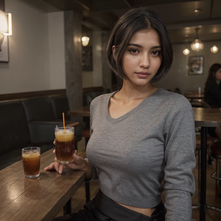 Best quality, in a bar, sitting at a table, multi-colored bomber, beautiful face, gray hair, bob hairstyle, smooth, neat nose, 2 beautiful indian girls, breast size 2, gray eyes, sweet lips, slender figure, perfect face. One girl in black top and one in grey
