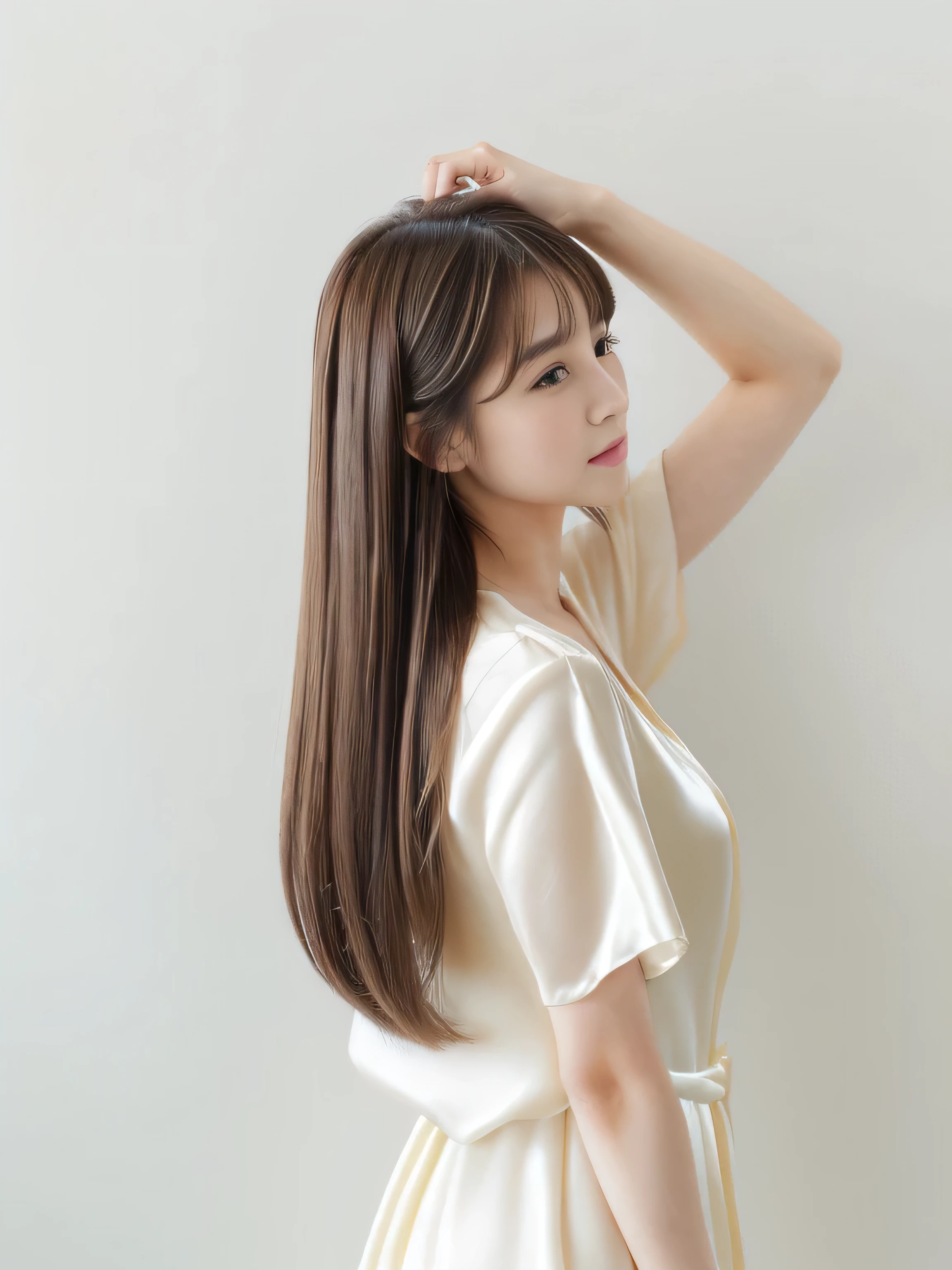 (Pure white wall background:1.8. Photo of upper body from waist up) ((Her hair is loosely curled Her hair reaches down to her ankles and goes on forever. Extraordinarily long and incredibly long. Extremely shiny. Highest quality hair. Her hair is of the highest quality and reaches down to her ankles. Her hair is of the highest quality and reaches down to her ankles. Her hair is of the highest quality and reaches down to her ankles. Her hair is of the highest quality and reaches down to her ankles. Her hair is of the highest quality and reaches down to her ankles. Beautiful as silk、very long, Pure brown hair with great detail, Thinning hair, And that is'rich Very detailed)) ((highest quality)), ((masterpiece)), (Familiar) (Get used to it) Perfect Face (Her skin is a typical Japanese skin color........、Very detailed) (Big Breasts:1.3) (She is wearing a purple dress with lots of lace......) (She has a beautiful face and a slim figure....., Narrow eyes.) (Her bangs Well Organized) (She has perfect beautiful makeup and face Lipstick is light red A solid eyeliner) (The most beautiful 12-year-old junior high school student in Japan) (She looks at the viewer with a very seductive expression.......) ((rich 1.4)) (Extremely detailed 8K) (Stable Diffusion Model) (Ultra-fine skin texture 1.4) (Actual, Vibrant:1.4), double eyelid Sharp focus:1.2、Beautiful woman:1.4 Dynamic Lighting (Genuine RAW photos taken by professional photographers) (Her long bangs、Well Organized) (Turn your whole body to the viewer) Professionally lit from the front (Her hair is dark brown) (Her hair is dark brown) (Her hair is dark brown)