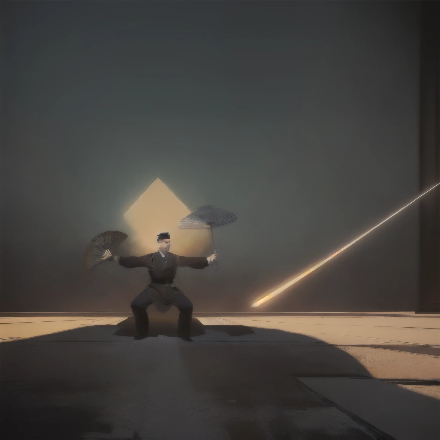 There is a painting，A man holding a fan in the painting, Holding a fan in his left hand，Holding a flower umbrella in right hand，Heavy Line Drawing, High quality sharp graphics, ,Propaganda Art, Adult cartoon animation,  Very very high quality pictures, high quality lens, This character has cryokinesis abilities, Simple shadow, No shadow, Loading Screen