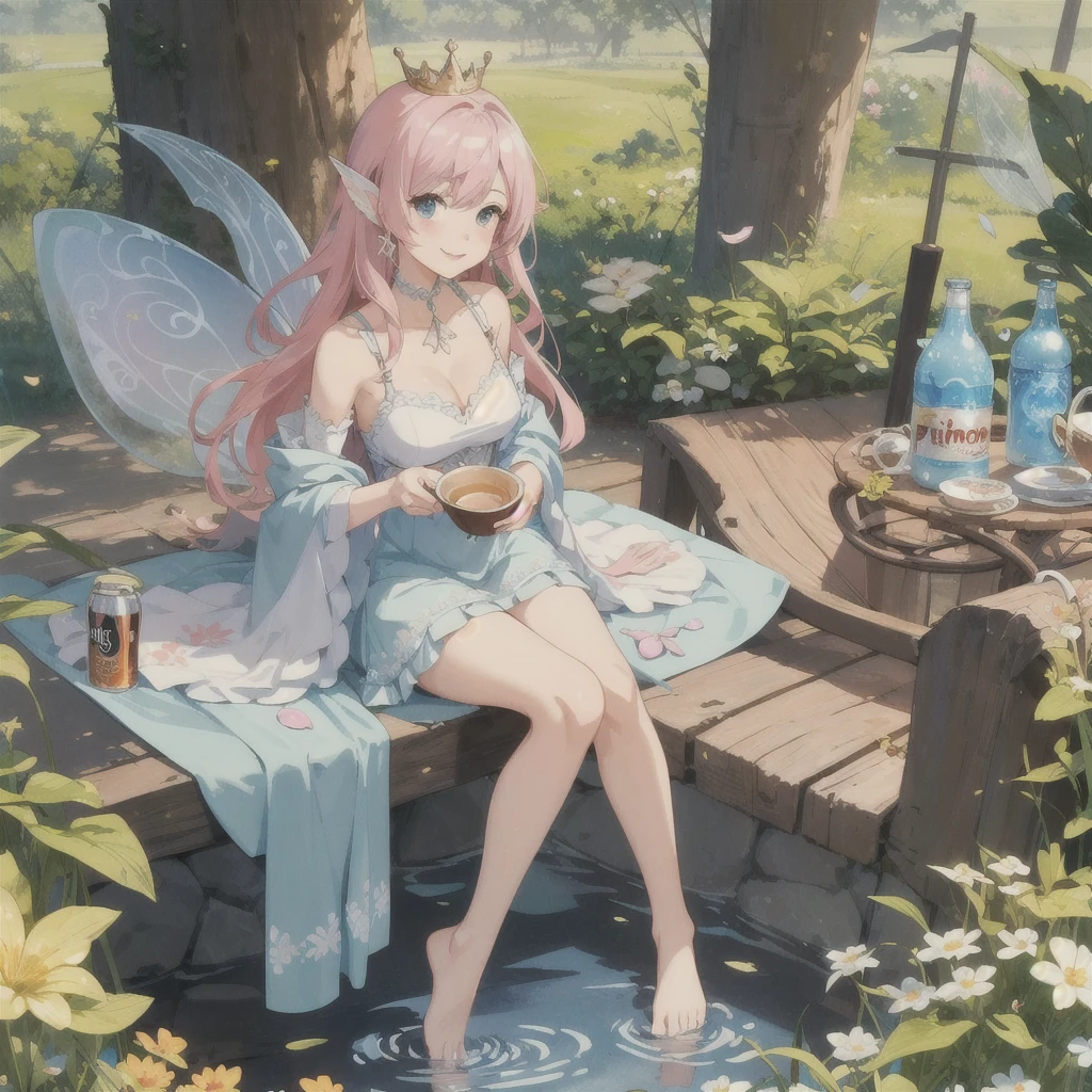 anime fairy sitting in a cup of beer, anime girl drinks energy drink, is ((drinking a cup of tea)), pastel watercolor anime、Smiling sitting in a big beer mug、whole body、barefoot、The fairy girl is in a beer mug,dress,pixiv, by Yuumei, at pixiv, faerie, cute anime, pixiv contest winner, beautiful fairy, cute anime girl, smiling as a queen of fairies, drinking tea, water fairy, drinking beer, with a drink