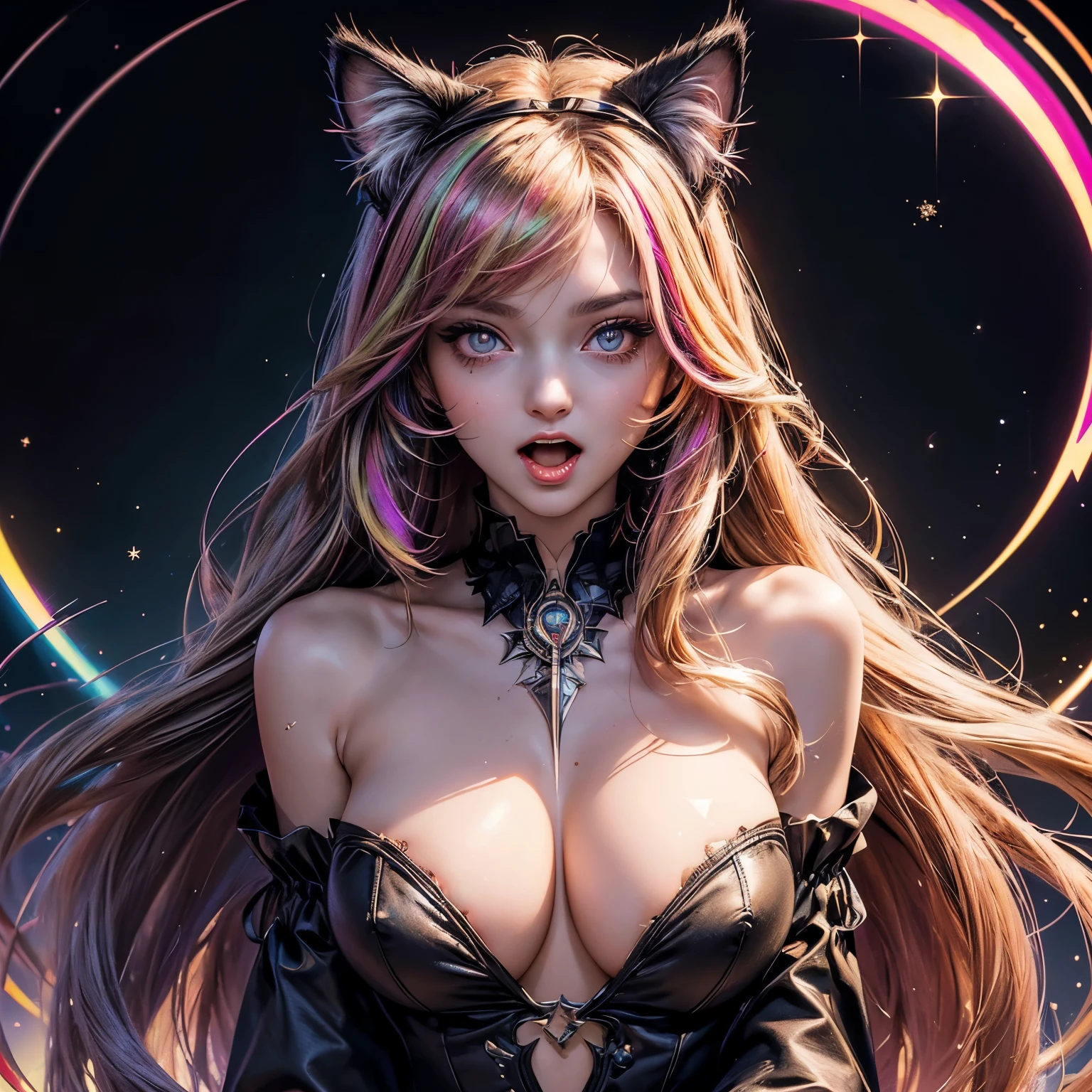 (masterpiece, best quality), ((1girl, (mature female) long hair), (star-shaped pupils, +_+, symbol-shaped pupils, sparkling eyes), (cat ears, open open mouth)), (looking at viewer, light smile, off shoulder), (abstract, multicolored background, abstract background, chromatic aberration), vampire, blood on face, blood on clothes, bat wings
