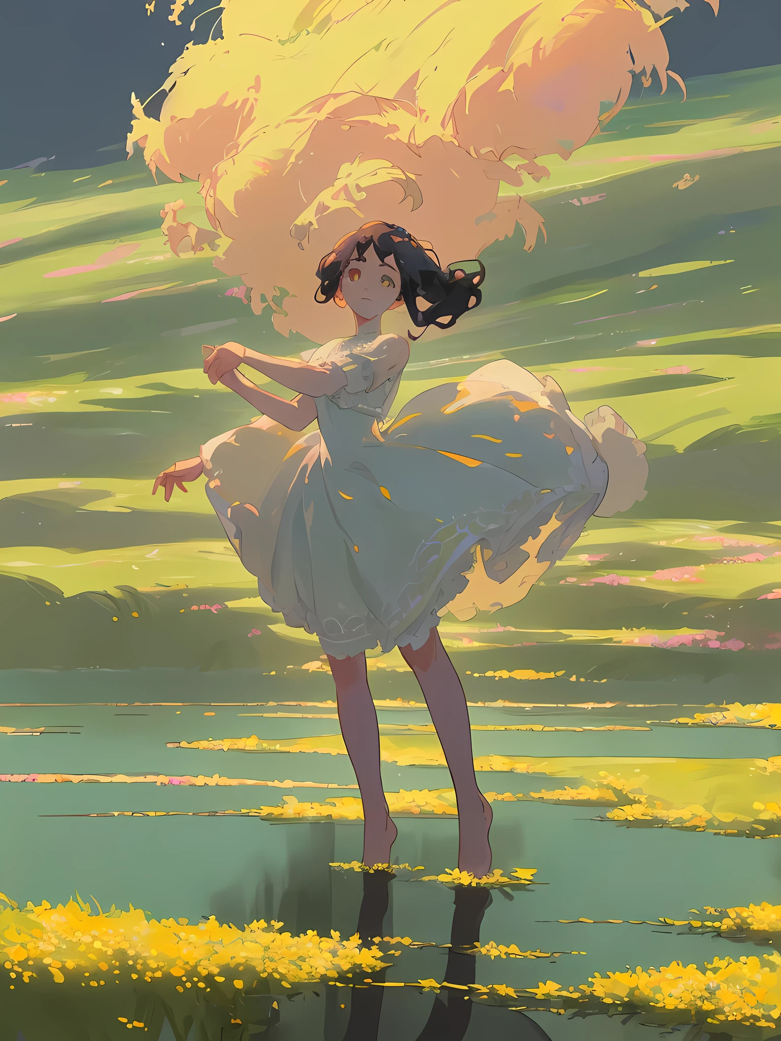 (best quality,4k,8k,highres,masterpiece:1.2),ultra-detailed
On a dandelion-covered hill, under a clear blue sky, fluffy clouds float gracefully in the distance. The hill is covered with lush green grass and dotted with vibrant yellow dandelions. The mesmerizing landscape extends as far as the eye can see, creating a sense of tranquility and serenity.
In the foreground stands an anime woman, dressed in a frilly pastel-colored dress. Her flowing hair dances in the gentle breeze, and her eyes are beautifully detailed, reflecting the peacefulness of the surroundings. Her dress is adorned with intricate lace patterns, adding an elegant touch to her appearance. The woman stands with a graceful posture, exuding a sense of poise and grace.
The entire scene is bathed in warm and soft lighting, highlighting the delicate details of the woman's figure and dress. The colors of the landscape are vibrant and vivid, creating a lively atmosphere. The image is of the highest quality, with ultra-detailed rendering and sharp focus.
The art style of this prompt is a combination of anime and realistic elements. The woman's appearance is inspired by anime aesthetics, with large expressive eyes and delicate features. However, the overall scene and landscape are rendered in a photorealistic manner, capturing the beauty of nature with precision and accuracy.
Overall, this prompt aims to create a masterpiece-quality image, with a breathtaking landscape, a captivating anime woman, and a harmonious blend of warm colors and soft lighting.