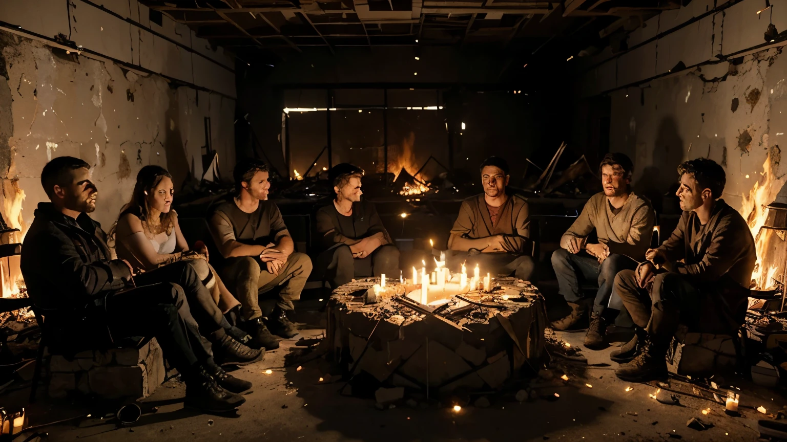 Amidst the rubble of a crumbling world, a group of tired men and women gathers in a makeshift meeting space. Their faces are illuminated by the warm glow of candlelight as they discuss plans for resistance and renewal. In their eyes burns the fire of determination, a resolve to forge a new path forward.