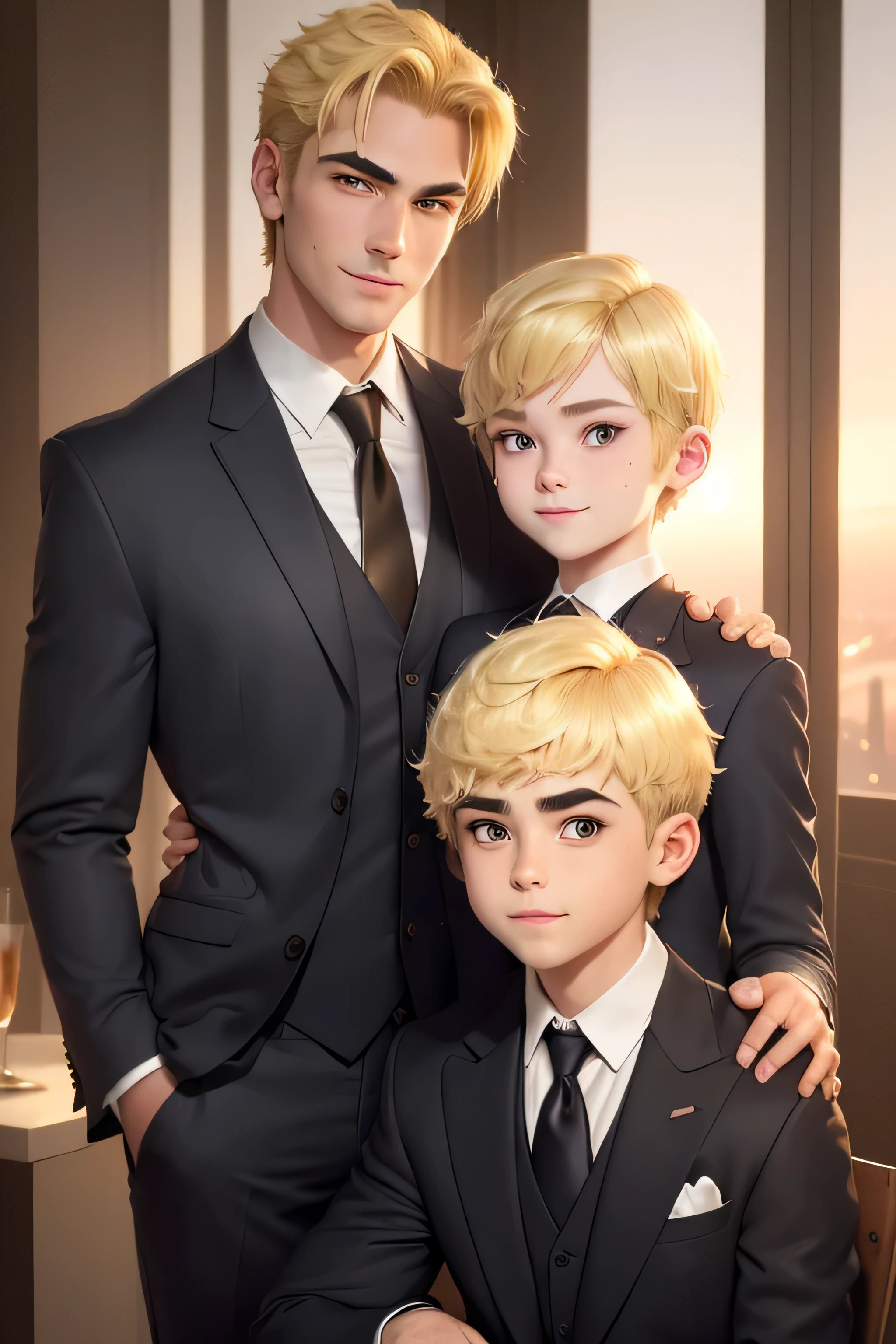 masterpiece, best quality, realistic. 2 man divorces each other. 1st man (male focus, mature, 1 tall muscular, handsome, [thick eyebrows:0.5], smile, suit, portrait, extremely detailed face, (black hair), (very short hair:1.3, forehead), (suit:1.3). 2nd man (male focus, cute, lovely, not tall, skinny, beautiful young boy, [thick eyebrows:0.5], shy smile, potrait, extremely detailed face, (blonde hair), short hair, (suit:1.3)). Sunset sky, dusk, kiss, hug