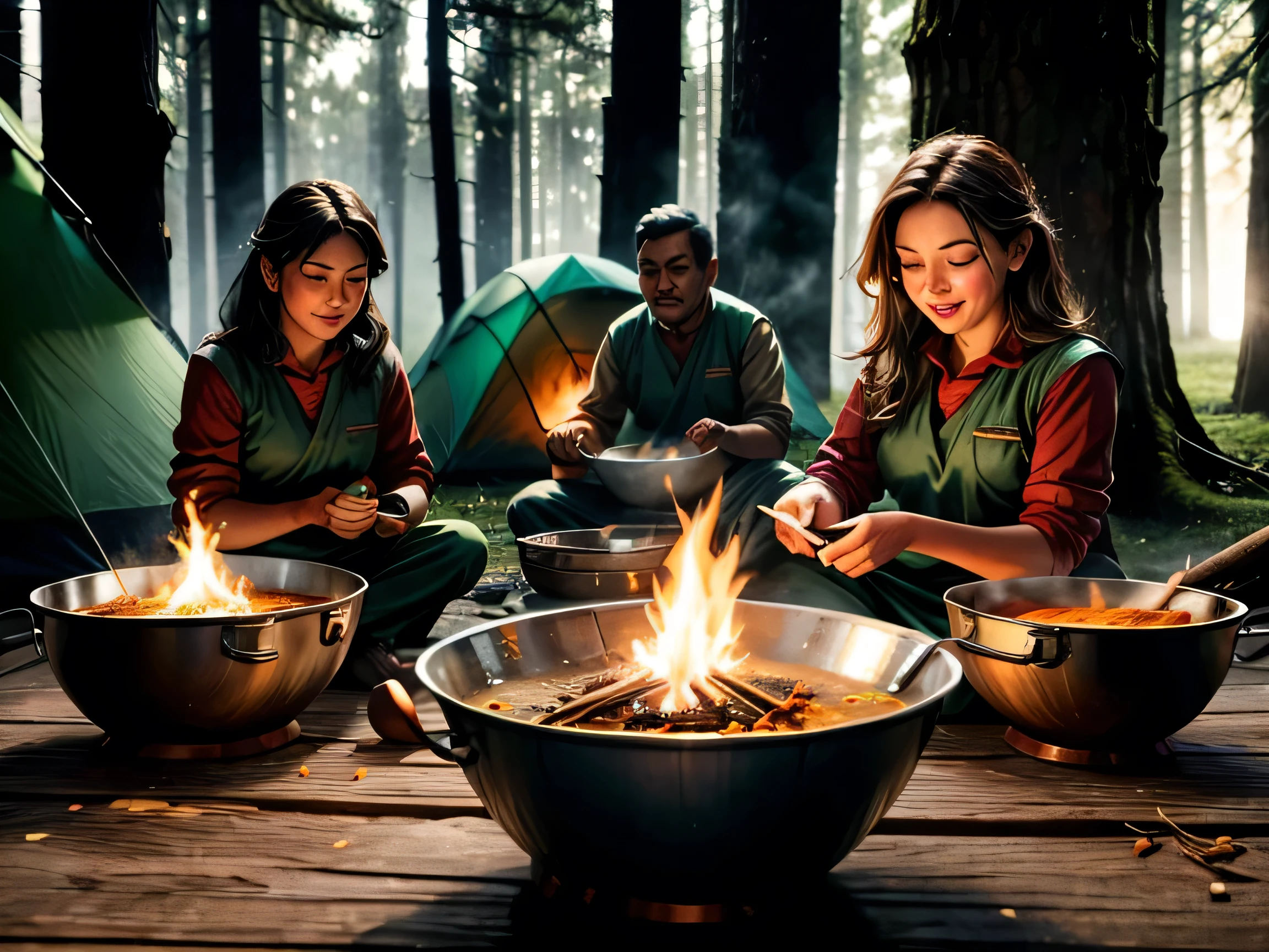 (best quality,4k,8k,highres,masterpiece:1.2),ultra-detailed,(realistic,photorealistic,photo-realistic:1.37),campfire,forest school girls,cooking curry,portraits,outdoor activities,vibrant colors,warm lighting,crackling fire,smoke rising,sparkling embers,clear night sky,surrounded by trees,excited and happy expressions,cozy atmosphere,detailed eyes and lips,wood logs burning,bushy eyebrows,flowing hair,flickering flames,curry spices in bowls,enjoying the food,sauce simmering,wooden spoons stirring,green scenery,feeling of camaraderie,camping tents in the background,misty air,multi-colored curry ingredients,cute uniforms,spicy aroma filling the air,playful laughter,dancing shadows,peaceful and serene setting