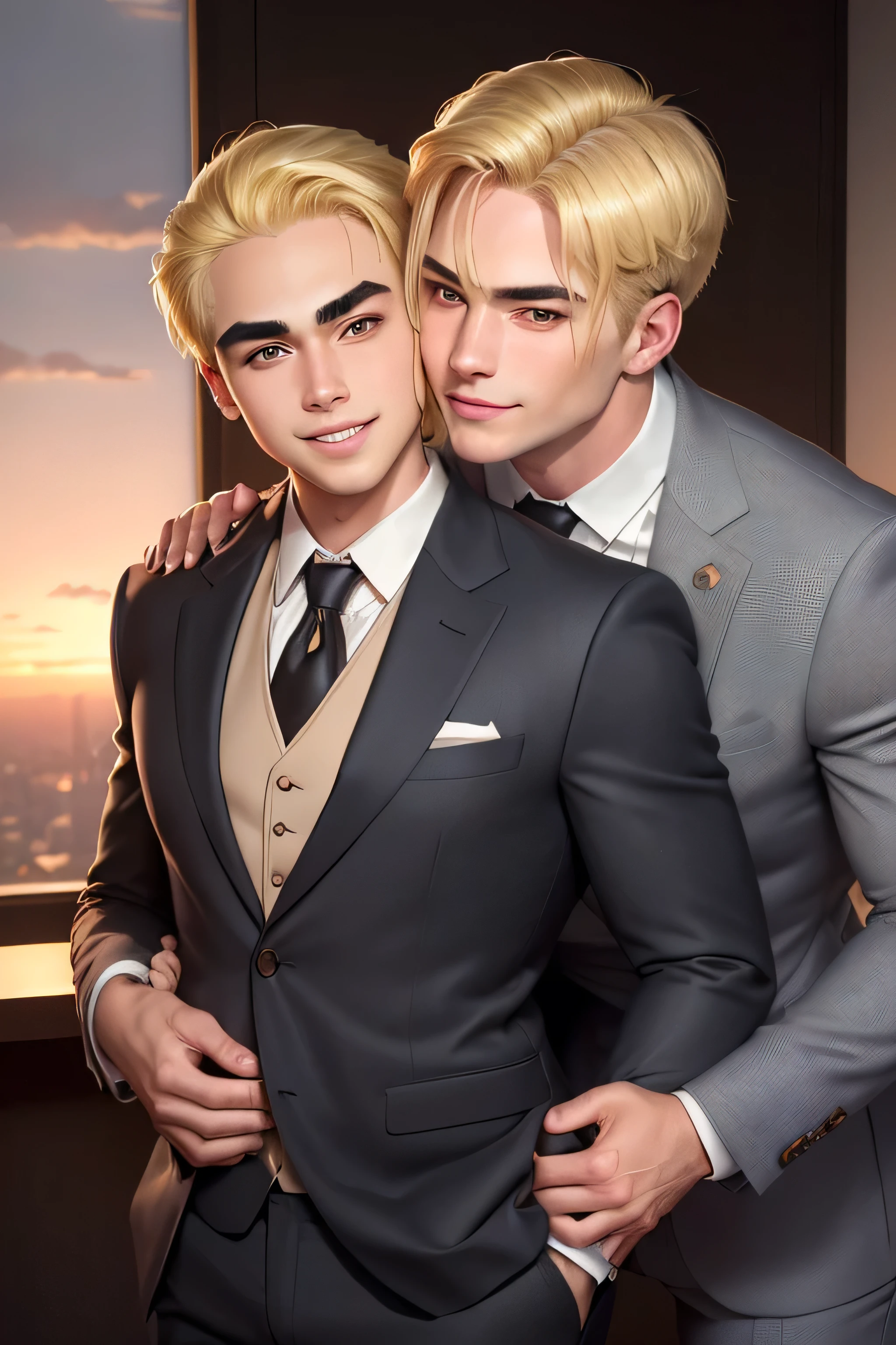 masterpiece, best quality, realistic. 2 man divorces each other. 1st man (male focus, mature, 1 tall muscular, handsome, [thick eyebrows:0.5], smile, suit, portrait, extremely detailed face, (black hair), (very short hair:1.3, forehead), (suit:1.3). 2nd man (male focus, cute, lovely, not tall, skinny, beautiful young boy, [thick eyebrows:0.5], shy smile, potrait, extremely detailed face, (blonde hair), short hair, (suit:1.3)). Sunset sky, dusk, kiss, hug