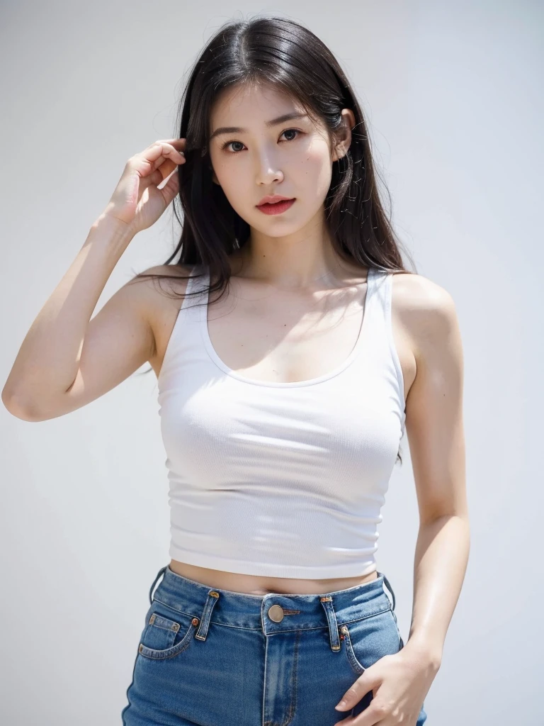 (best quality,8k,highres,masterpiece:1.2),ultra realistic,(human realistic:1.1),full capturing from head to feet,full body,fix abnormal,fix body issue,fix face issue,fix background issue, 1 girl, a young perfect white asian woman with beautiful white dyed hair, wavy long hair, in the resort, wearing tank top and very jeans, perfect mid fat body, big well shaped buttocks and breasts (F cup) , her armpit exposes white and clean. Full capture picture