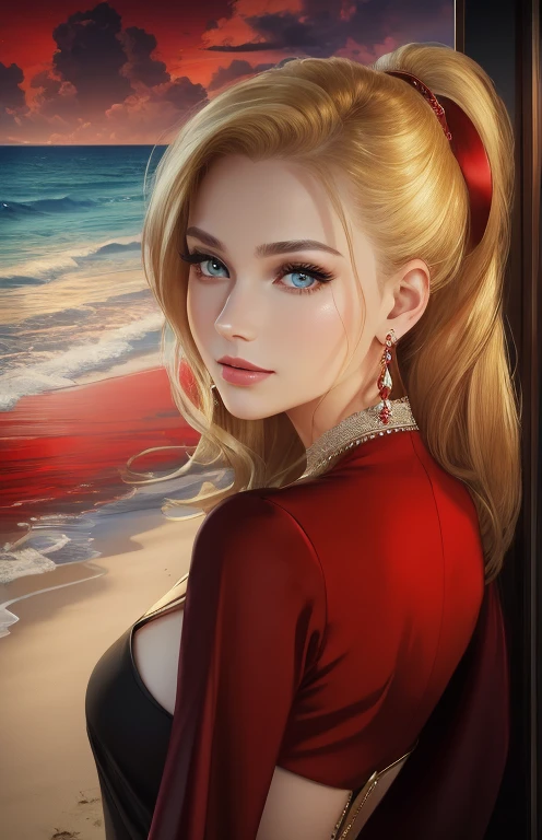 (red dress by Carolina Herrera: 1.3), (a very elegant young woman: 1.2), (voluminous ponytail hairstyle, blonde hair), long hair, (provocative smile: 1.2), ((Half body photo: 1.2)), (beautiful back: 1.1), (night beach in the background: 1.2), BREAK (Masterpiece: 1.3), (Max resolution: 1.4), (Ultra HDTV: 1.2), Ultra HDTV, (Detailed eyes and skin), (Detailed facial features), HDR, 8k resolution, Sharp focus: 1.2, Perfect style, beautiful face, highly detailed face and skin texture, detailed eyes, double eyelids, thin eyebrows, bright eyeliner: 1.2, pale cheeks, shiny skin, fair skin: 1.2, small shiny without neck and earrings, bright lips: 1.2