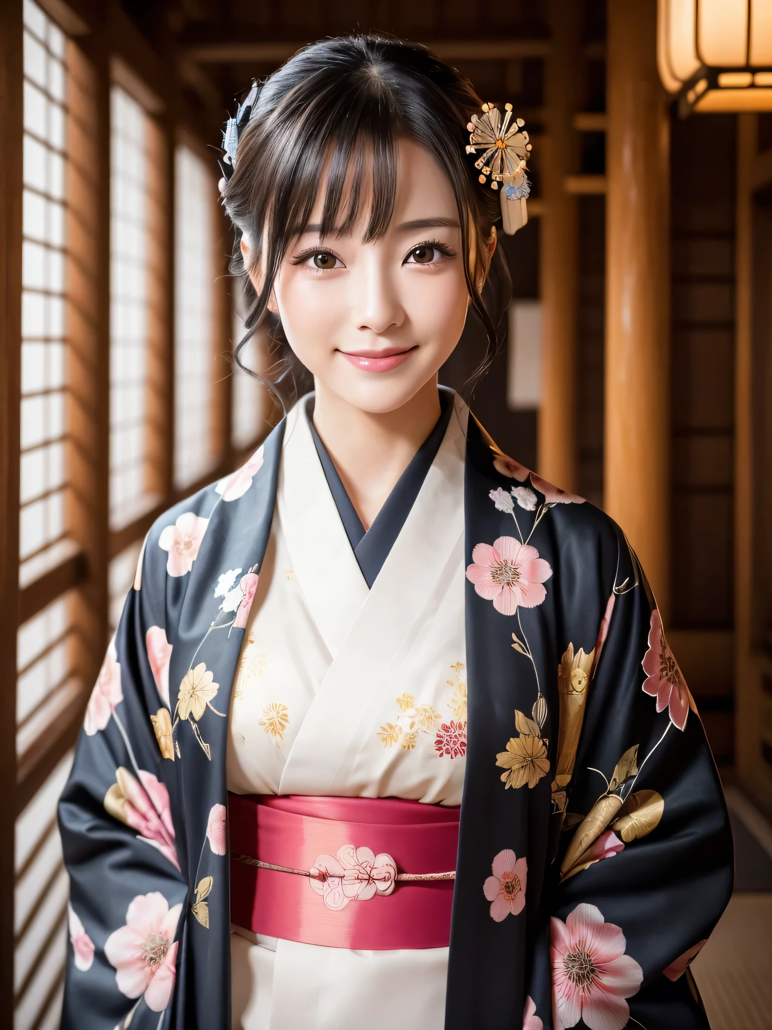 (Super beautiful woman in kimono)、((highest quality、8K masterpiece:1.3))、sharp focus:1.2、(super beautiful face:1.0)、(shiny skin:1.0)、realistic pictures、black hair、video lighting、High resolution eyes and face、video lighting、japanese actress、from the front、with a happy smile、whole body、wearing a kimono、in Kyoto、(luxury obi)