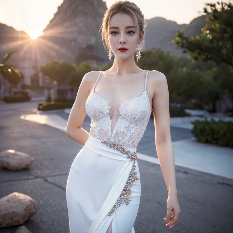 ((top quality、8k、masterpiece:1.3))、Very pretty beautiful girl,full-body shot,Huge breasts,Breast enlargement,amazing breast size,H cup,Long skirt,Sunset,Sunset。Wear big earrings,The skin is very white,Hydrating red lips,Very thin waist,Thighs are very thin,Big buttocks,Reveal a little,fair and smooth skin,Smooth and fair skin,Flawless skin,Fair and shiny skin,Cool white skin,The camera focuses on the chest,Bright light