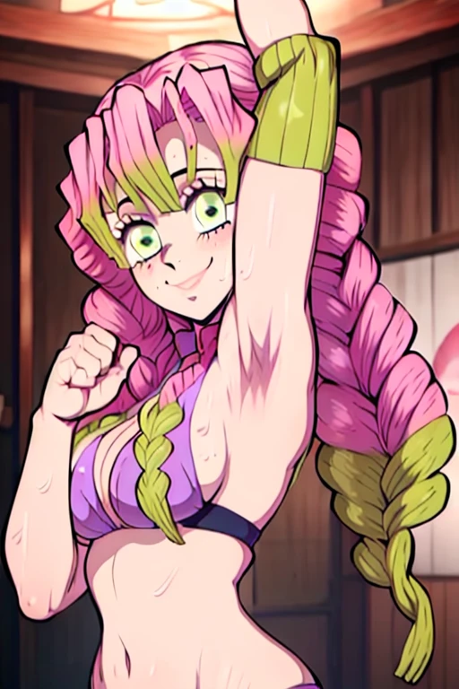 masterpiece, best quality, mitsuri kanroji, looking at viewer, ?????????????, upper body, portrait, seductive smile,both hands raised, armpits, armpits visible, sweaty armpits, wearing purple skimpy ??????