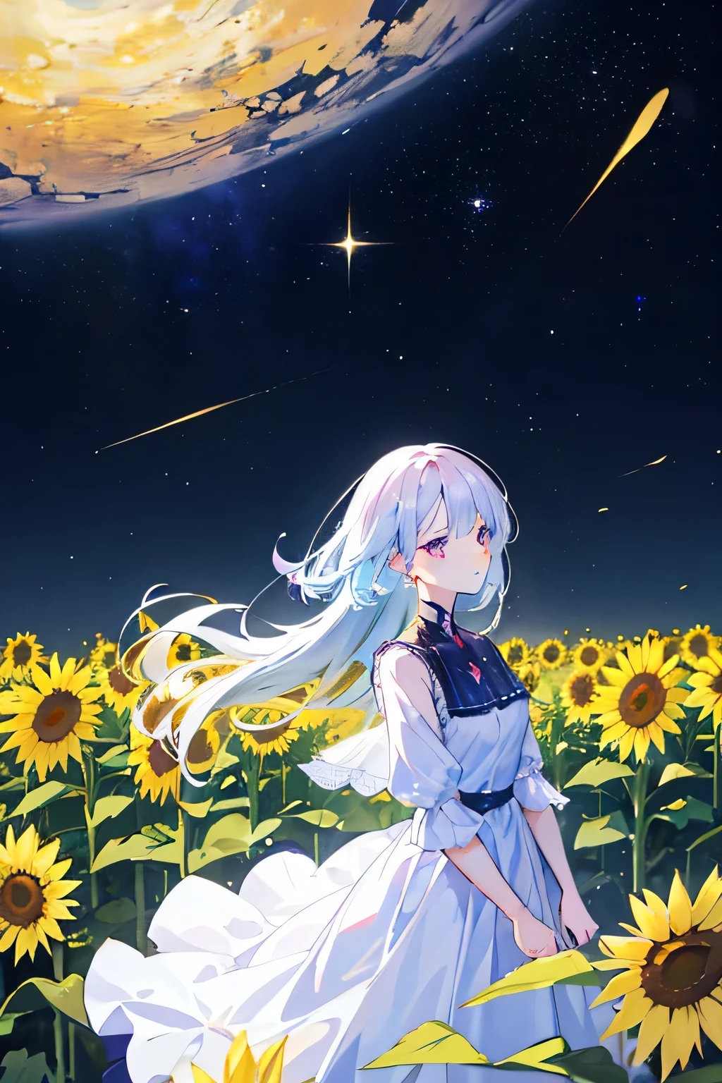 A starry night sky over a field of sunflowers in full bloom. In the center, a young woman with long hair and a white dress, with a serene expression, gazes at the stars while a gentle breeze moves the sunflowers around her.
