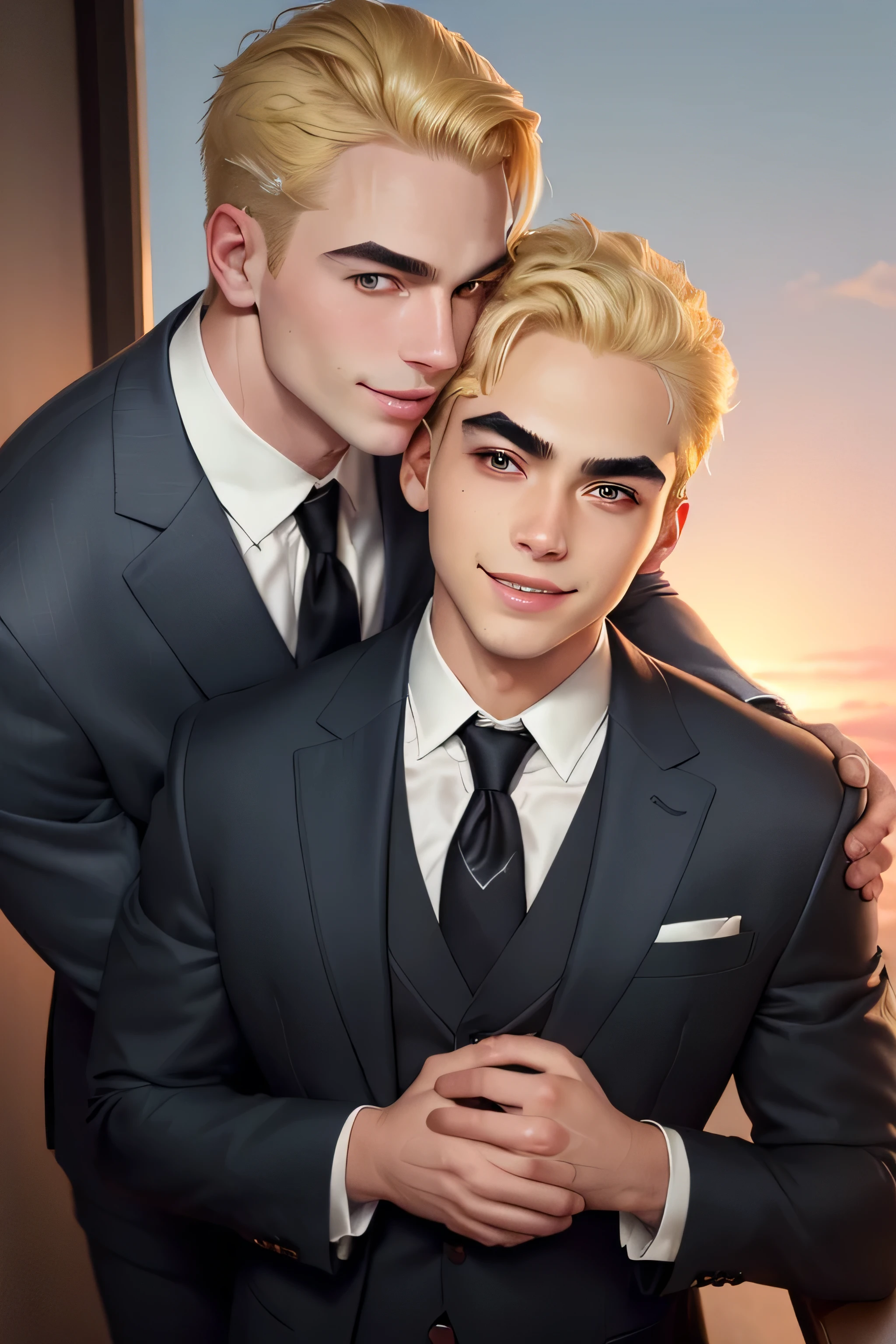 masterpiece, best quality, realistic. 2 man love each other. 1st man (male focus, mature, 1 tall muscular, handsome, [thick eyebrows:0.5], smile, suit, portrait, extremely detailed face, (black hair), (very short hair:1.3, forehead), (suit:1.3). 2nd man (male focus, cute, lovely, not tall, skinny, beautiful young boy, [thick eyebrows:0.5], shy smile, potrait, extremely detailed face, (blonde hair), short hair, (suit:1.3)). Sunset sky, dusk, kiss, hug