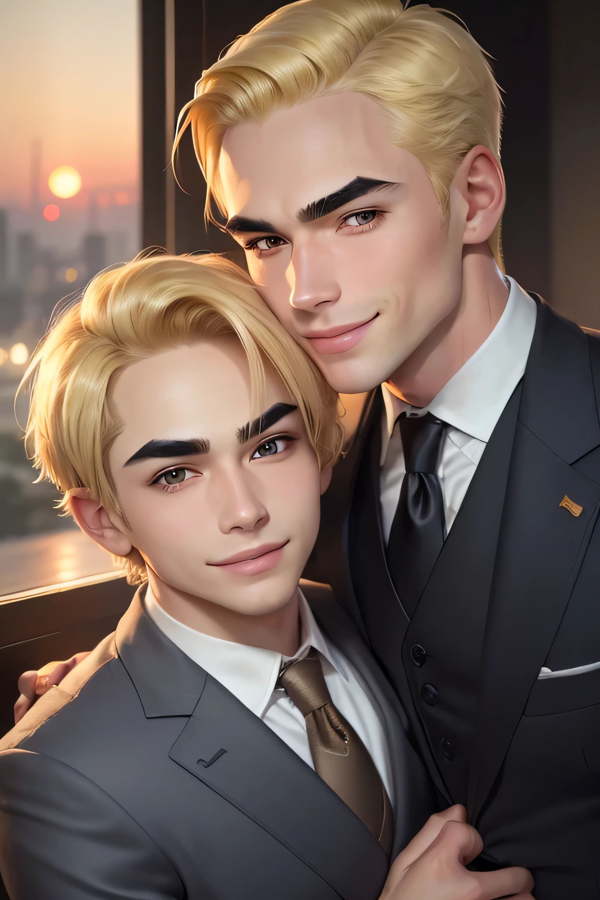 masterpiece, best quality, realistic. 2 man love each other. 1st man (male focus, mature, 1 tall muscular, handsome, [thick eyebrows:0.5], smile, suit, portrait, extremely detailed face, (black hair), (very short hair:1.3, forehead), (suit:1.3). 2nd man (male focus, cute, lovely, not tall, skinny, beautiful young boy, [thick eyebrows:0.5], shy smile, potrait, extremely detailed face, (blonde hair), short hair, (suit:1.3)). Sunset sky, dusk, kiss, hug